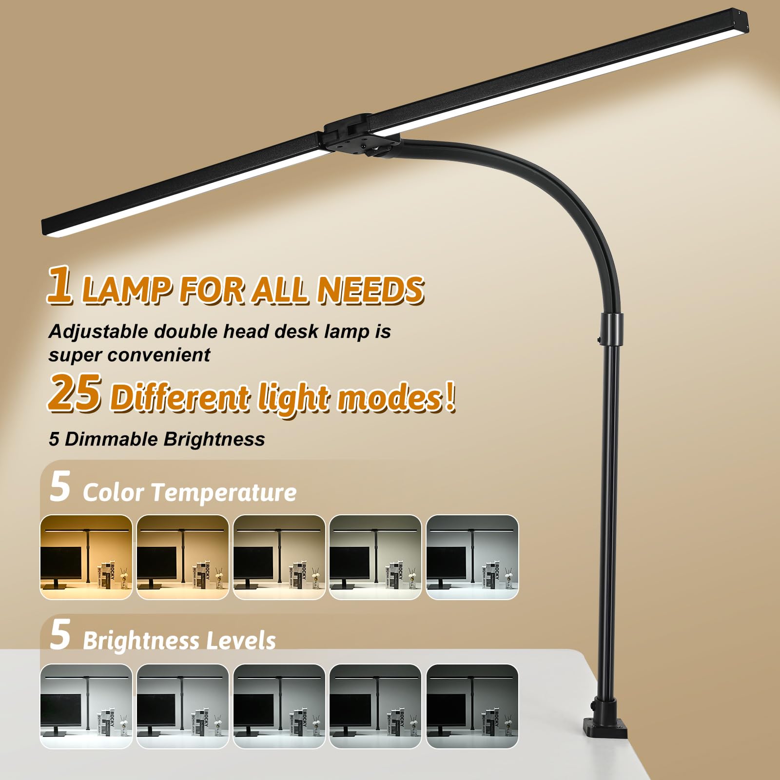 MACASA Double Head LED Desk Lamp 24W with Remote Control, Anti-Glare, Clamp Size, Black, Model S01-Black
