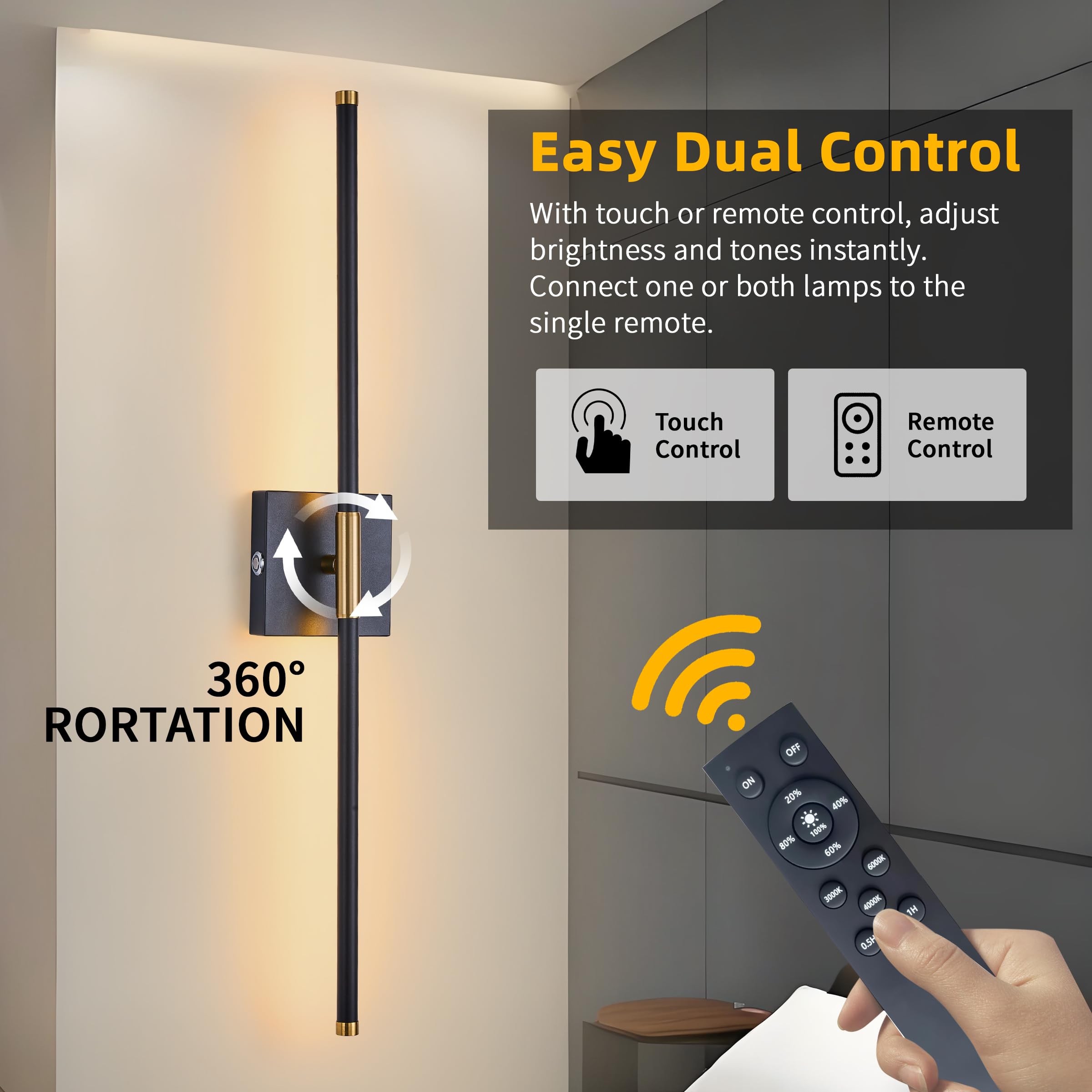 15800 mAh Battery Operated Wall Sconces with Remote Control Dimmable Wall Sconces Set of Two 3000K LED Black and Brass Wireless