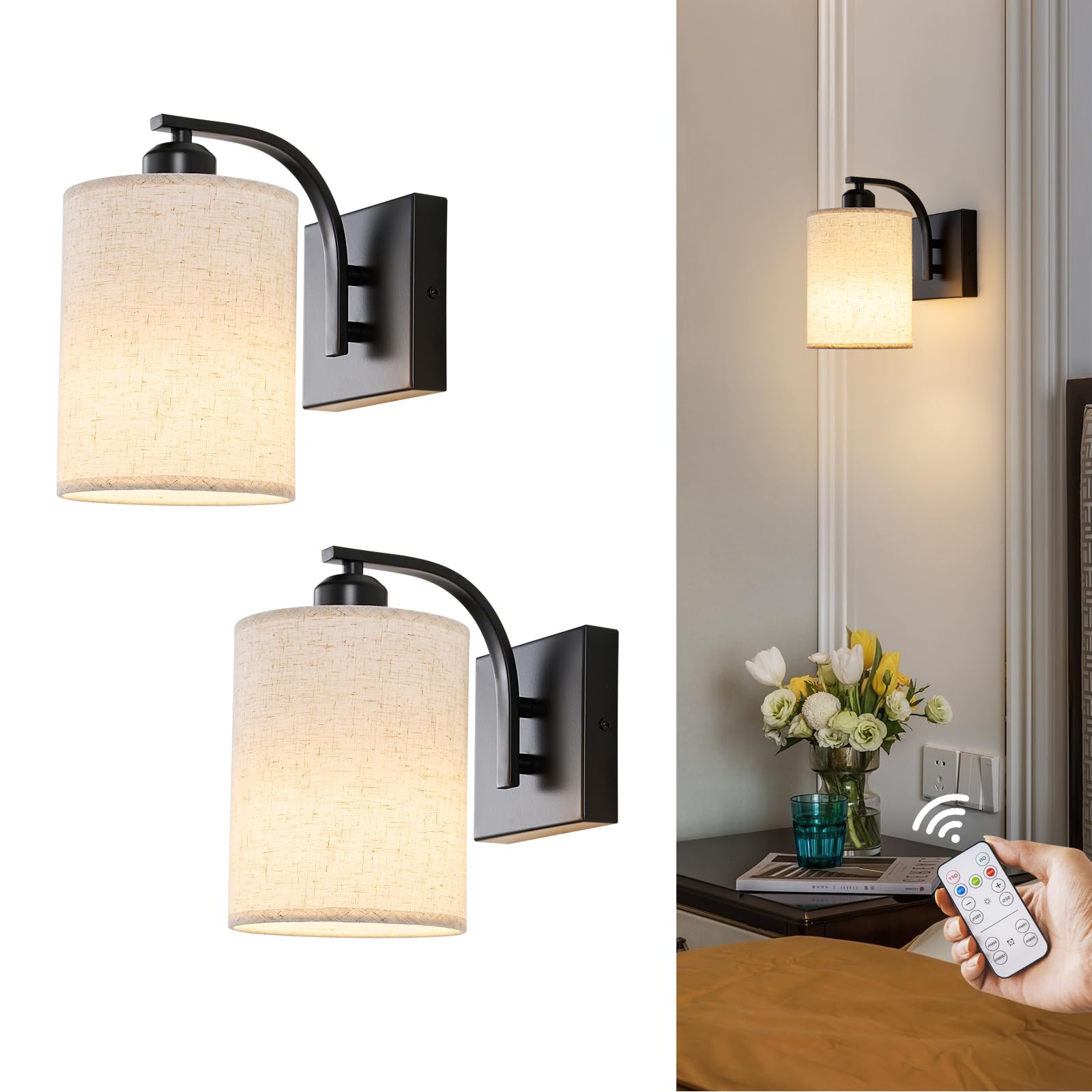 Powfloven Black Rechargeable Battery Operated Wall Sconces Set Of 2 With Remote, Wireless Dimmable Battery Powered Led Wall Ligh