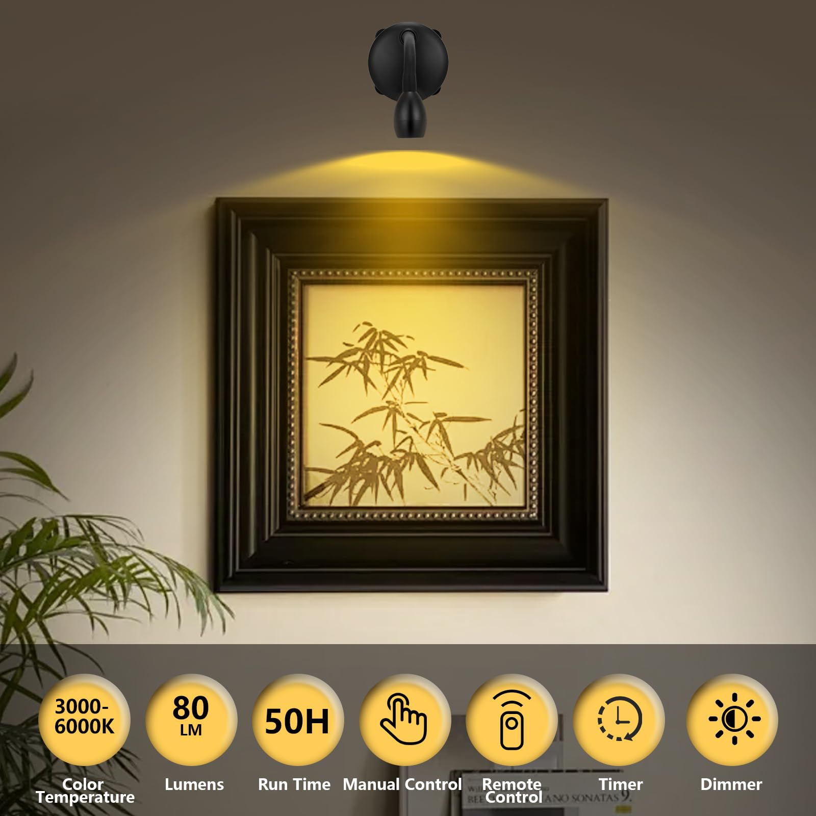 Kanesiki Cordless Spotlight Battery Operated, Led Picture Light, Dimmable Accent Light With Remote, Indoor Stick On Display Lamp