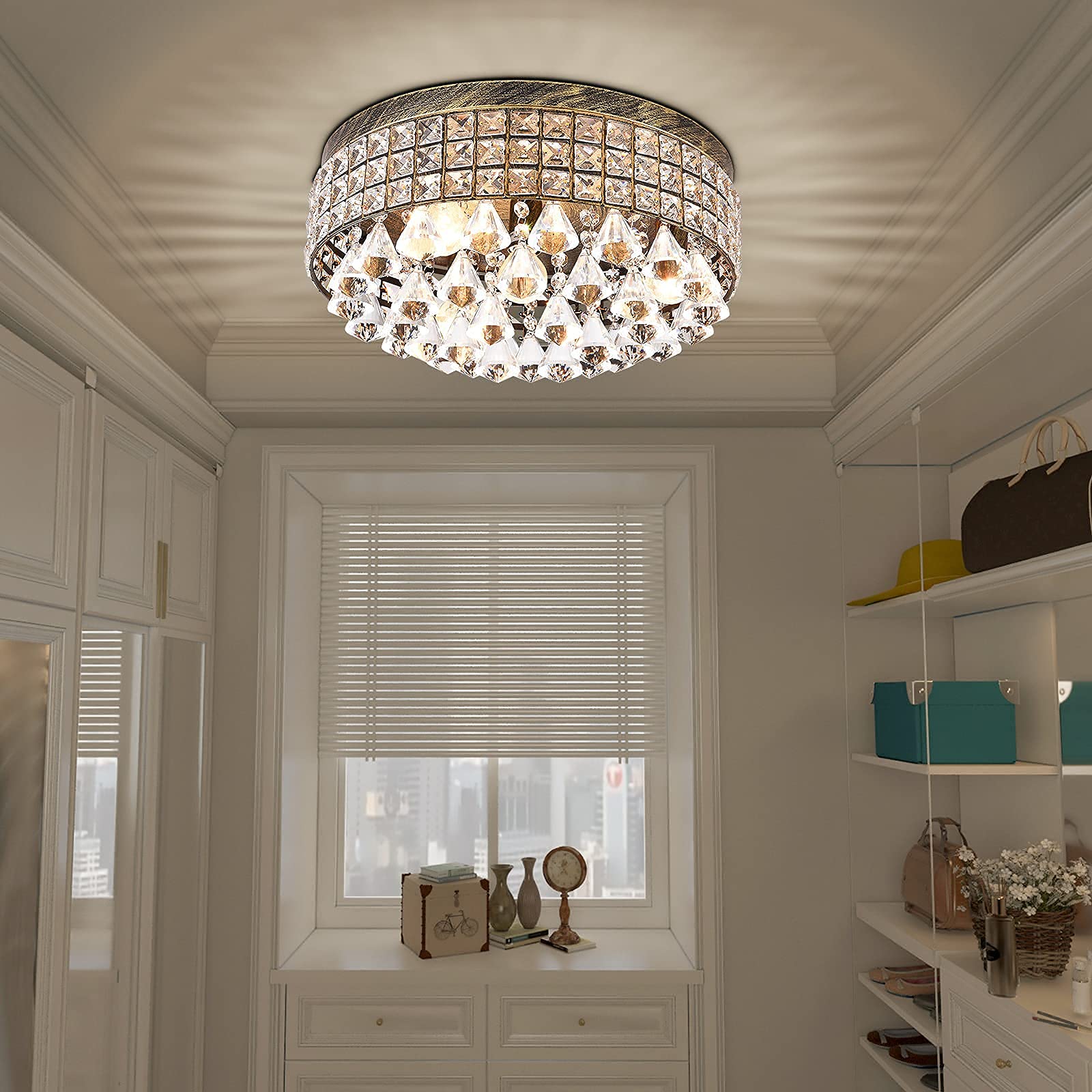 Maxax 4 Lights Crystal Chandelier, Modern Drum Ceiling Light Fixture, Mini Crystal Flush Mount Round Metal Shade Raindrop Chande