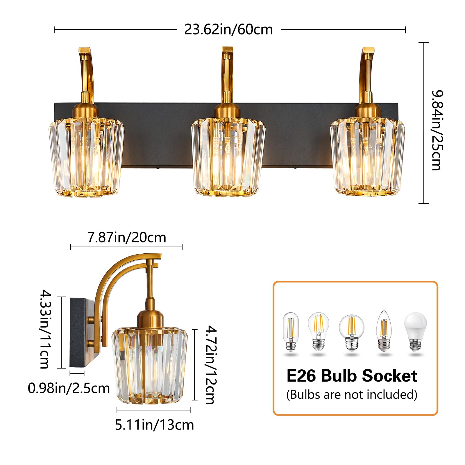 Fdpby Modern Bathroom Vanity Light  3-Light Black Gold Wall Sconce With Crystal Accents  Over Mirror Bathroom Lighting Fixture  23.62 Long Dimmable Vanity Lamp For Makeup  Easy Installation