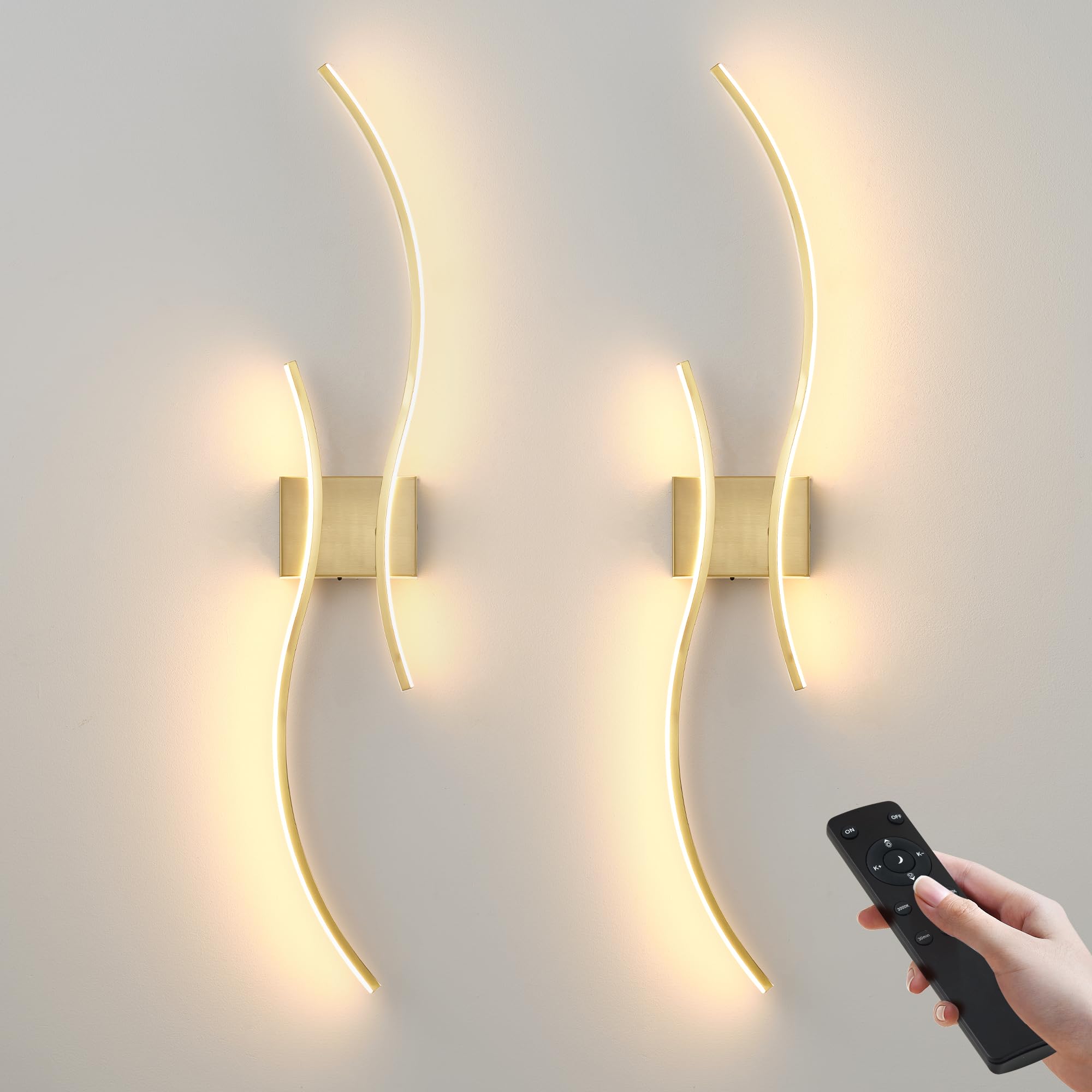 KARTOOSH Wall Sconces Set of 2, Remote Control, Dimmable LED, Brass, 39.3 Inches, Model ZM319BBS100