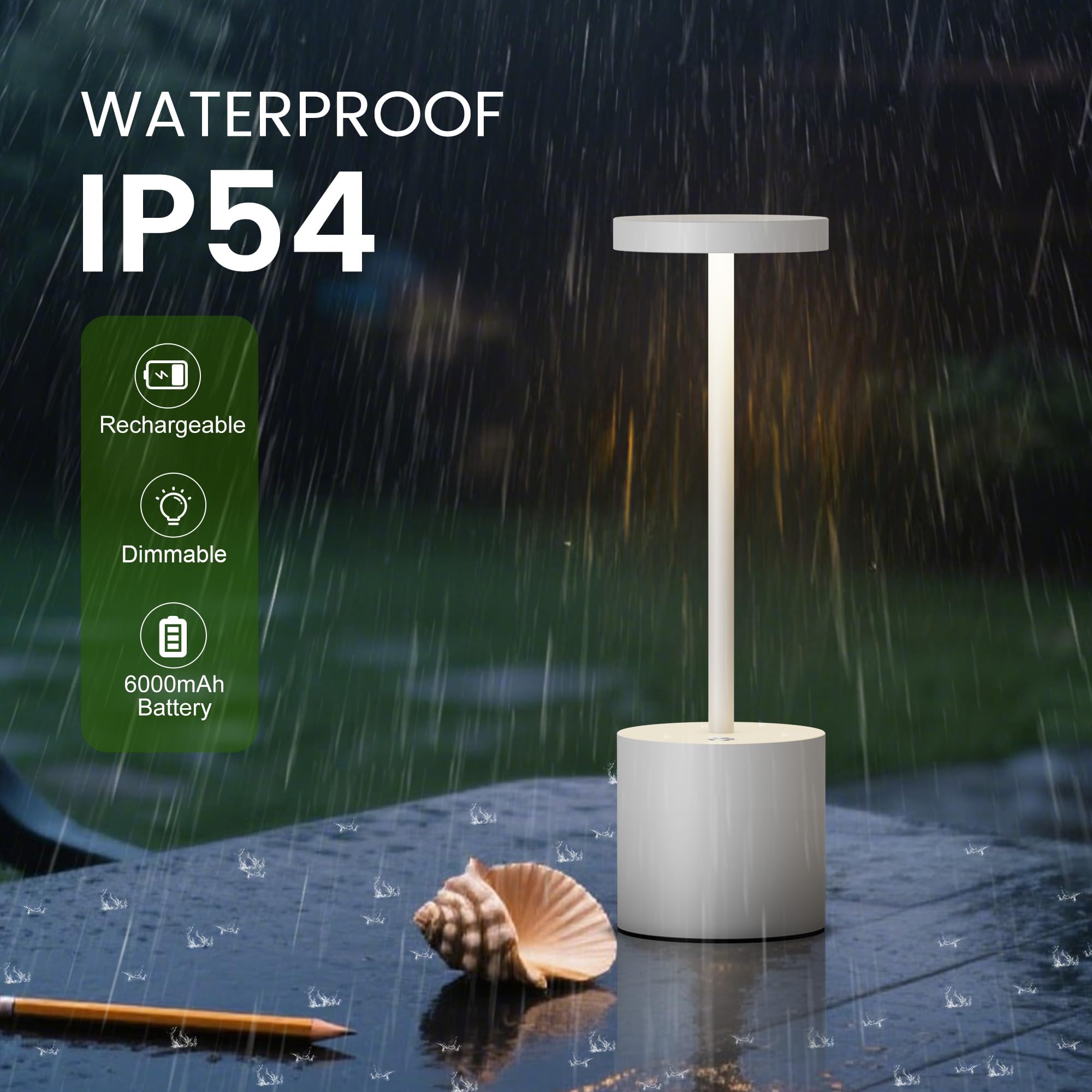 SAKRINGT Rechargeable Table Lamp, LED Cordless, 5000mAh Battery, 3 Color Dimming, 2 Pack, White