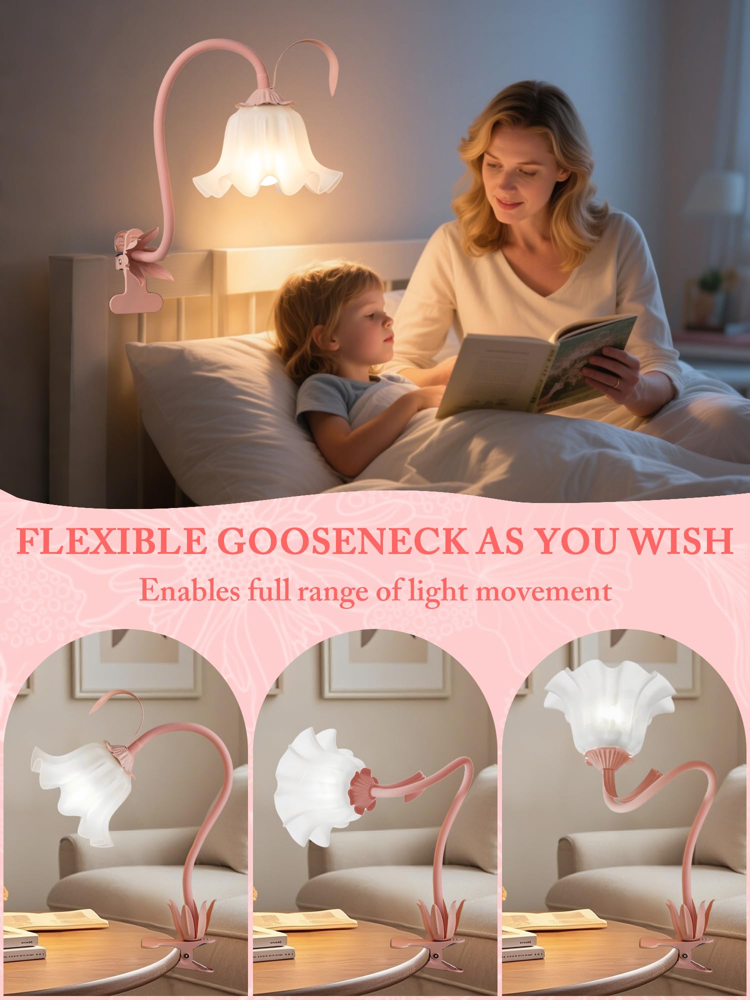 AQDZCNF Flower Clip Light, LED Desk Lamp, 360° Rotation, Vintage Design, Acrylic, Pink