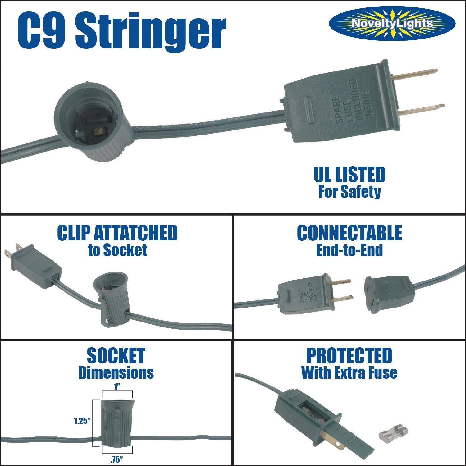 Novelty Lights C9 Clear Christmas String Light Set, 25ft, Dimmable, Green Wire, Indoor/Outdoor, Model C9-SET-GW