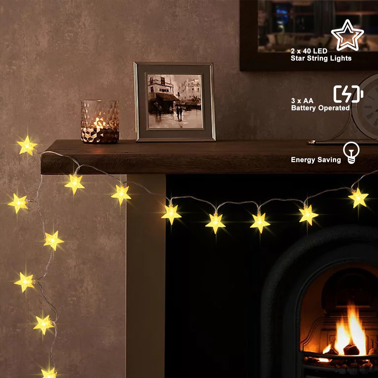 2 Pack Christmas Star Lights Battery Operated, Star Fairy Lights 26Ft 80 LED Twinkle String Lights Waterproof for Outdoor Indoor