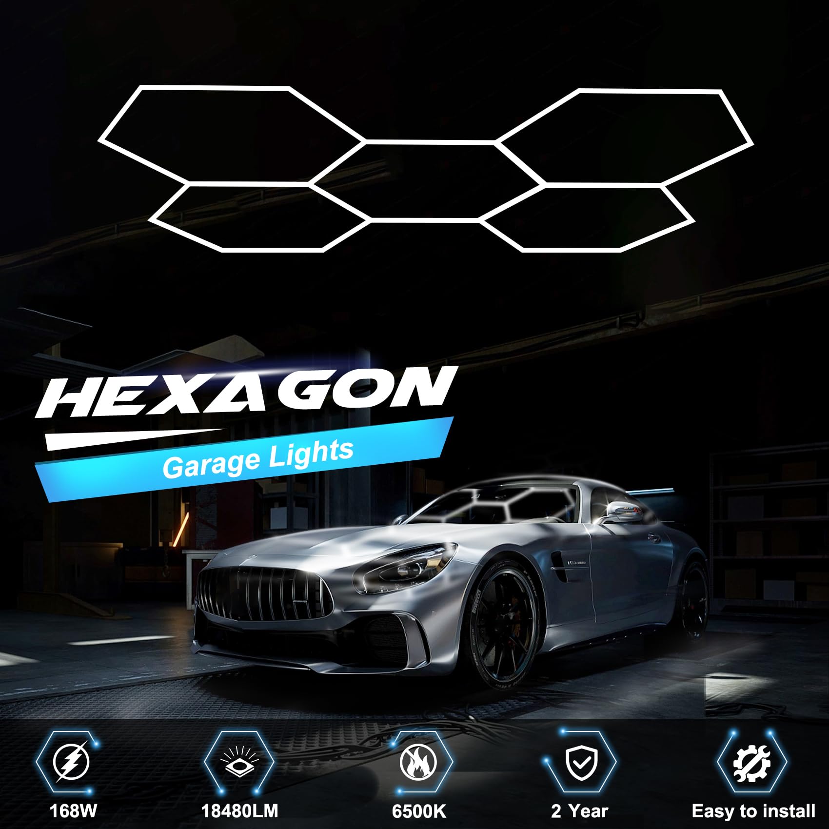 FERUERW Hexagon Garage Lights 168W Dimmable 5600-18480 Lumens 5-Grids White Honeycomb LED for Garage & Workshop