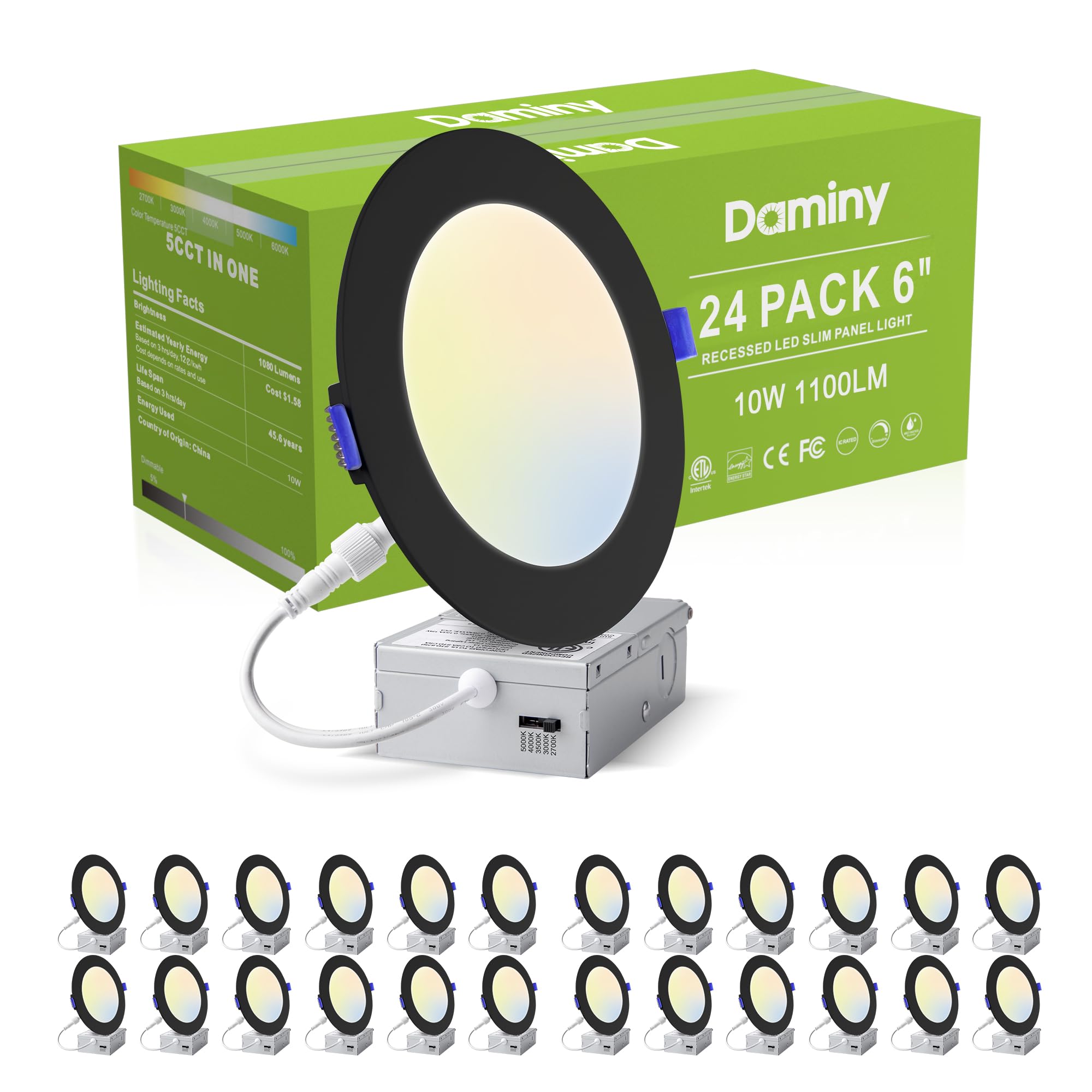 Daminy 24 Pack 6 Inch Black Led Recessed Lighting With Junction Box 5Cct Ultra-Thin Recessed Light 10W 1100Lm  Dimmable Canless Wafer Ceiling Light  High Brightness - Etl
