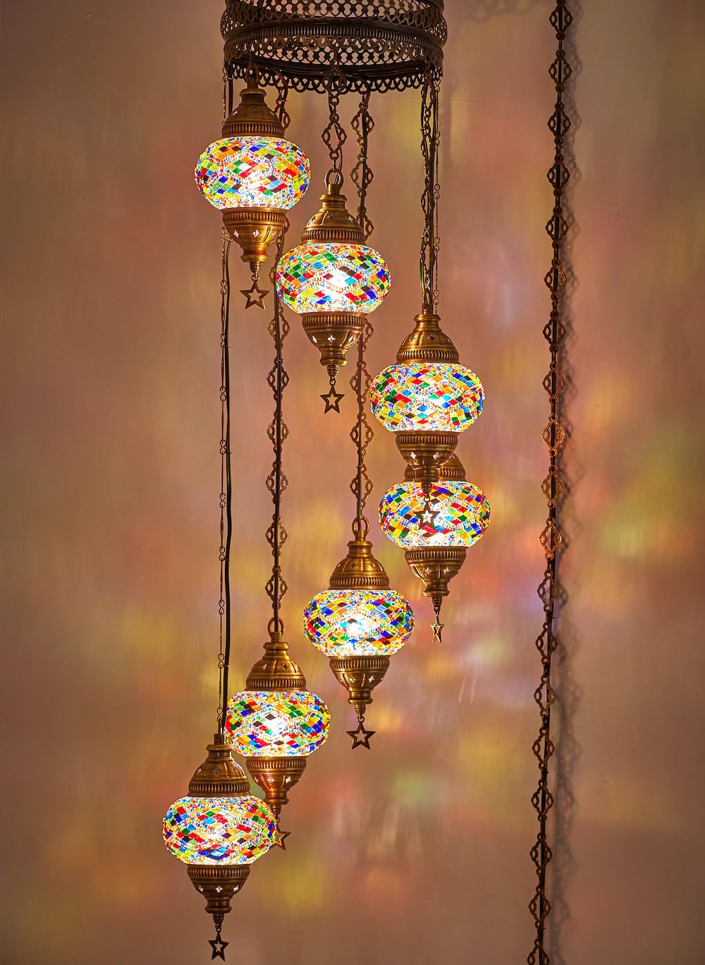 DEMMEX 7 Globes Moroccan Mosaic Pendant Light Chandelier 50in Height Multicolor Model DEMMEX-Swag7