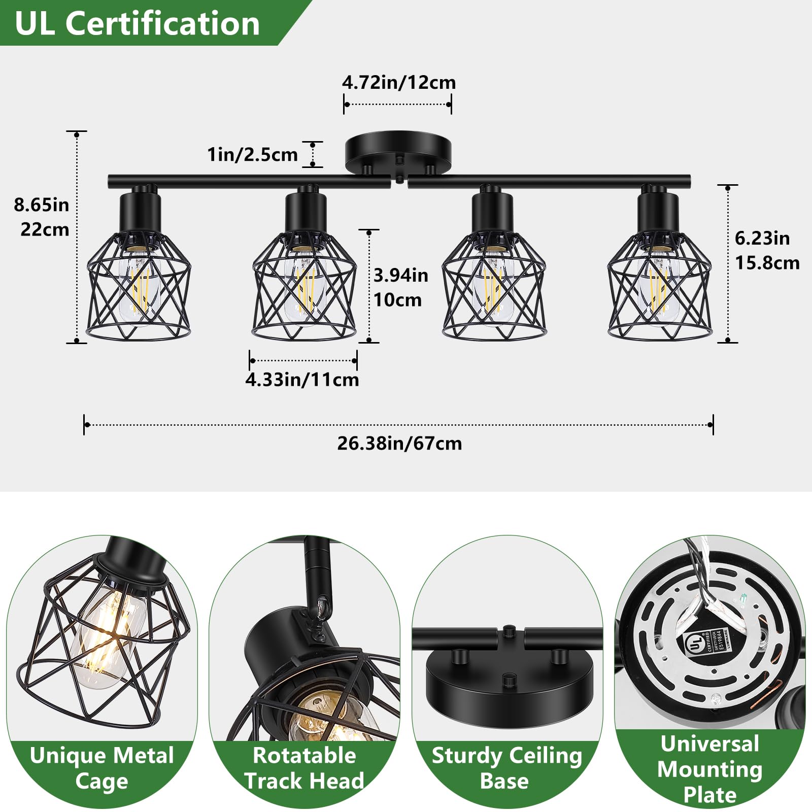 Baocuz 4-Lights Semi Flush Mount Ceiling Light, Adjustable Metal Cage Fixtures, Black, Model BTCL-4 for Dining & Living Room