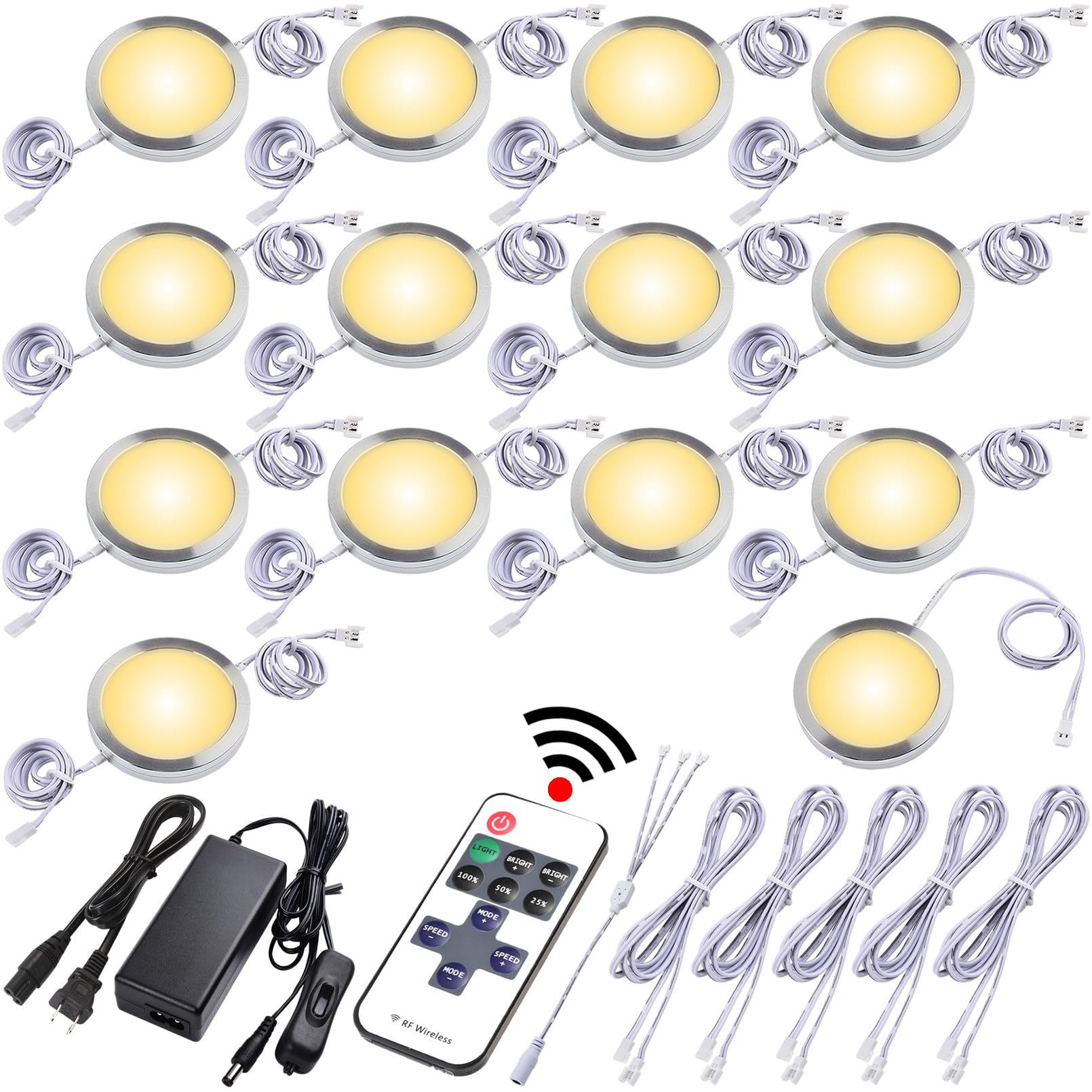 Lvyinyin Under Cabinet Led Puck Lights, Counter Closet Lighting, Daisy Chained Linkable, 110V Plug-In & Direct Hardwiring, Wireless Rf Remote Control Dimmable, White Cables, Warm White, 14 Lights