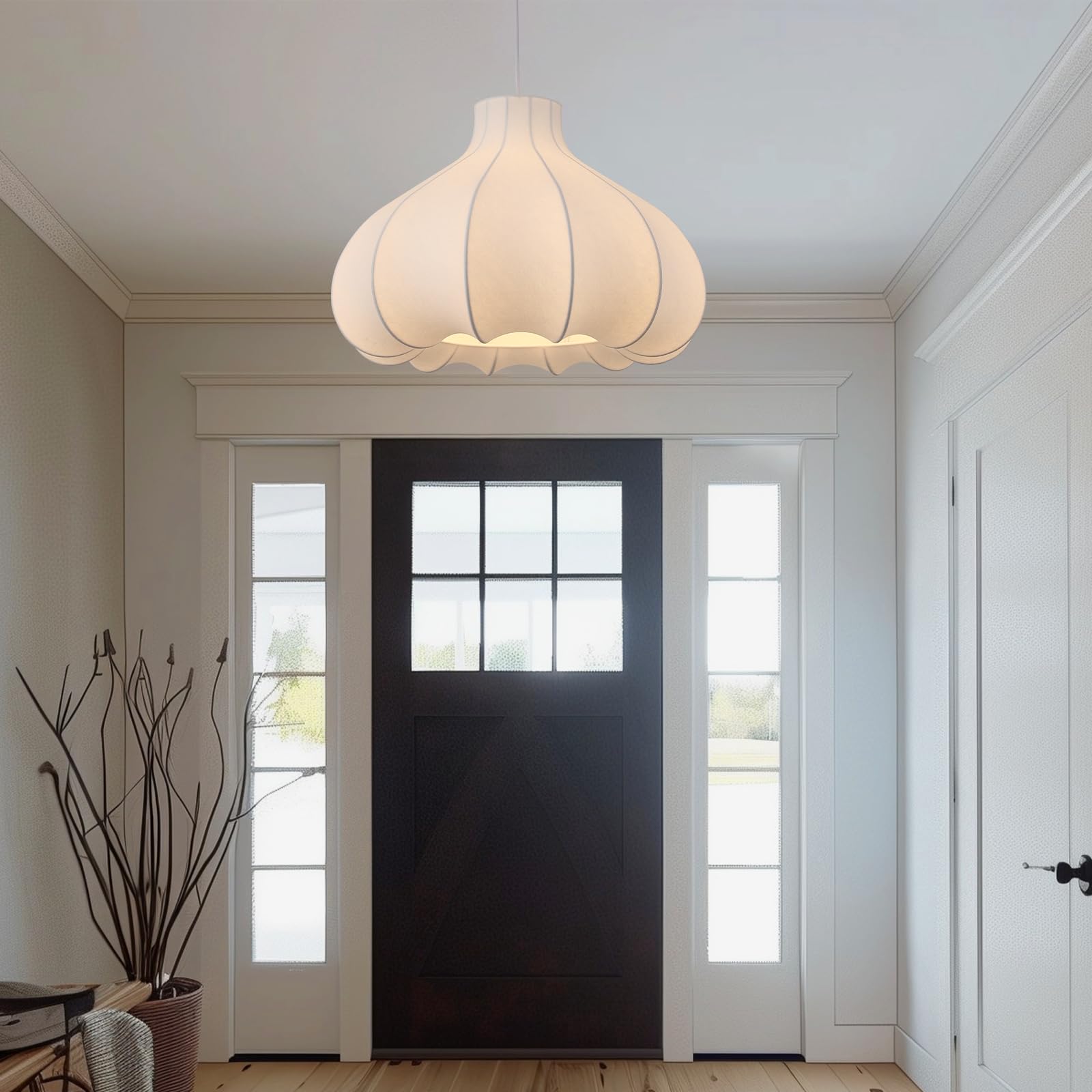 Fivemengo 20In Lantern Pendant Light, Flower Bud Imitation Silk Lampshade, White Bubble Pendant Light, Large Hanging Lamp Chande