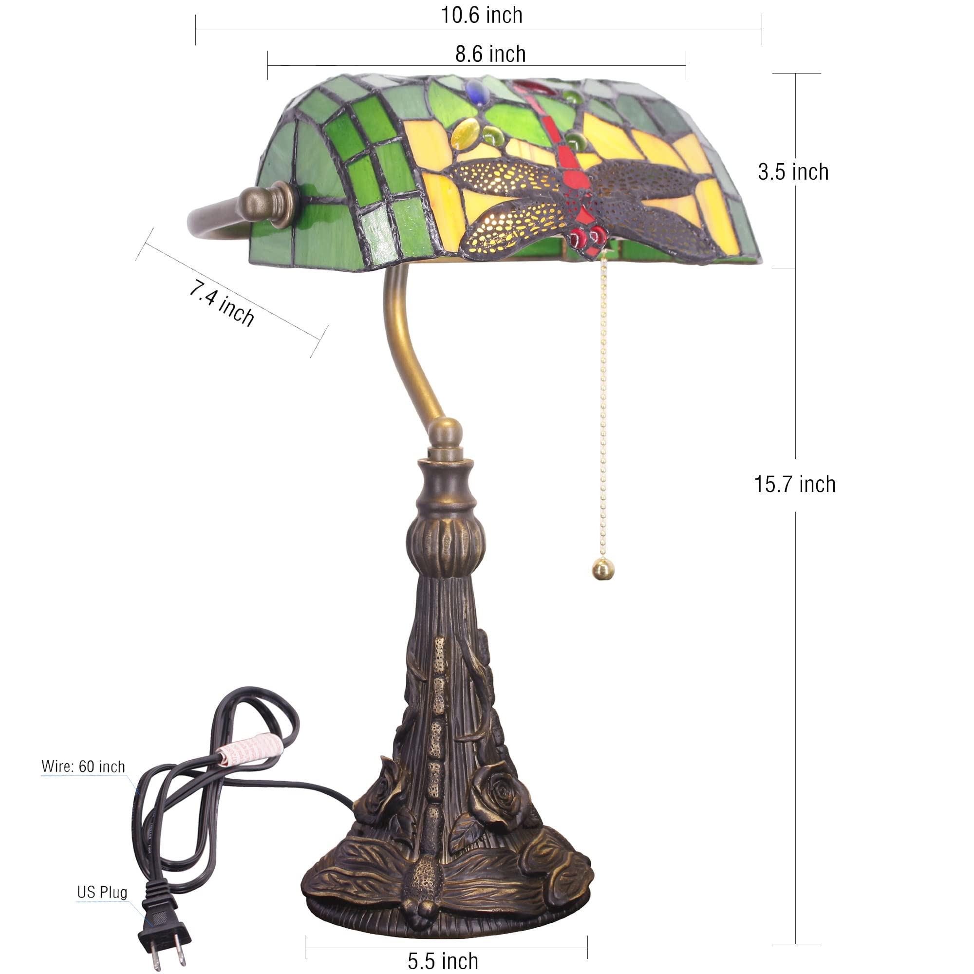 SYETL Tiffany Small Stained Glass Banker Lamp, Green Dragonfly Style, Adjustable Angle, 10.6x15.7 Inch for Home Office & Living Room