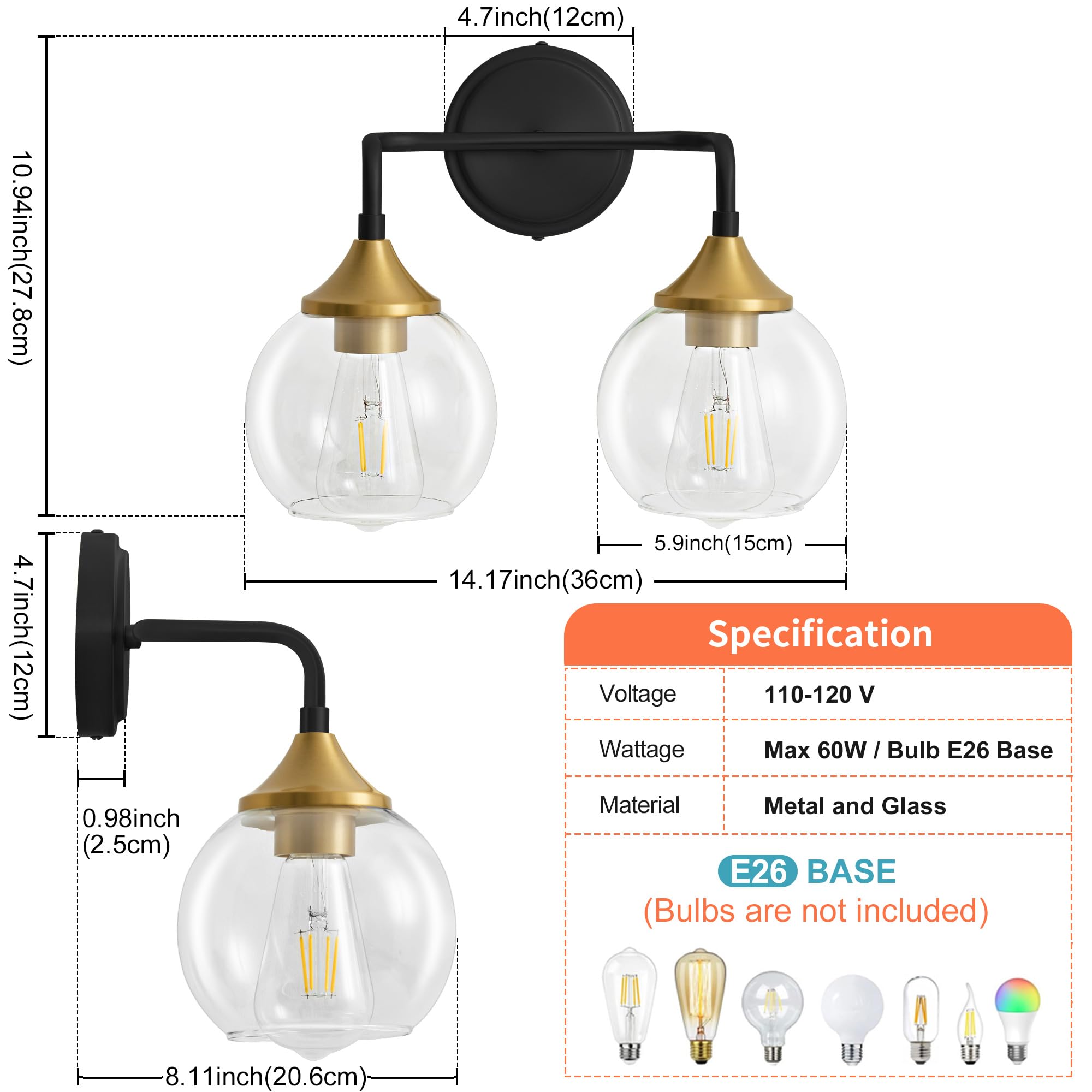 Gednbo 2-Light Bathroom Vanity Light, Black and Gold, Metal, Clear Glass Shade, Model G1796, E26 Base, 14 Inch
