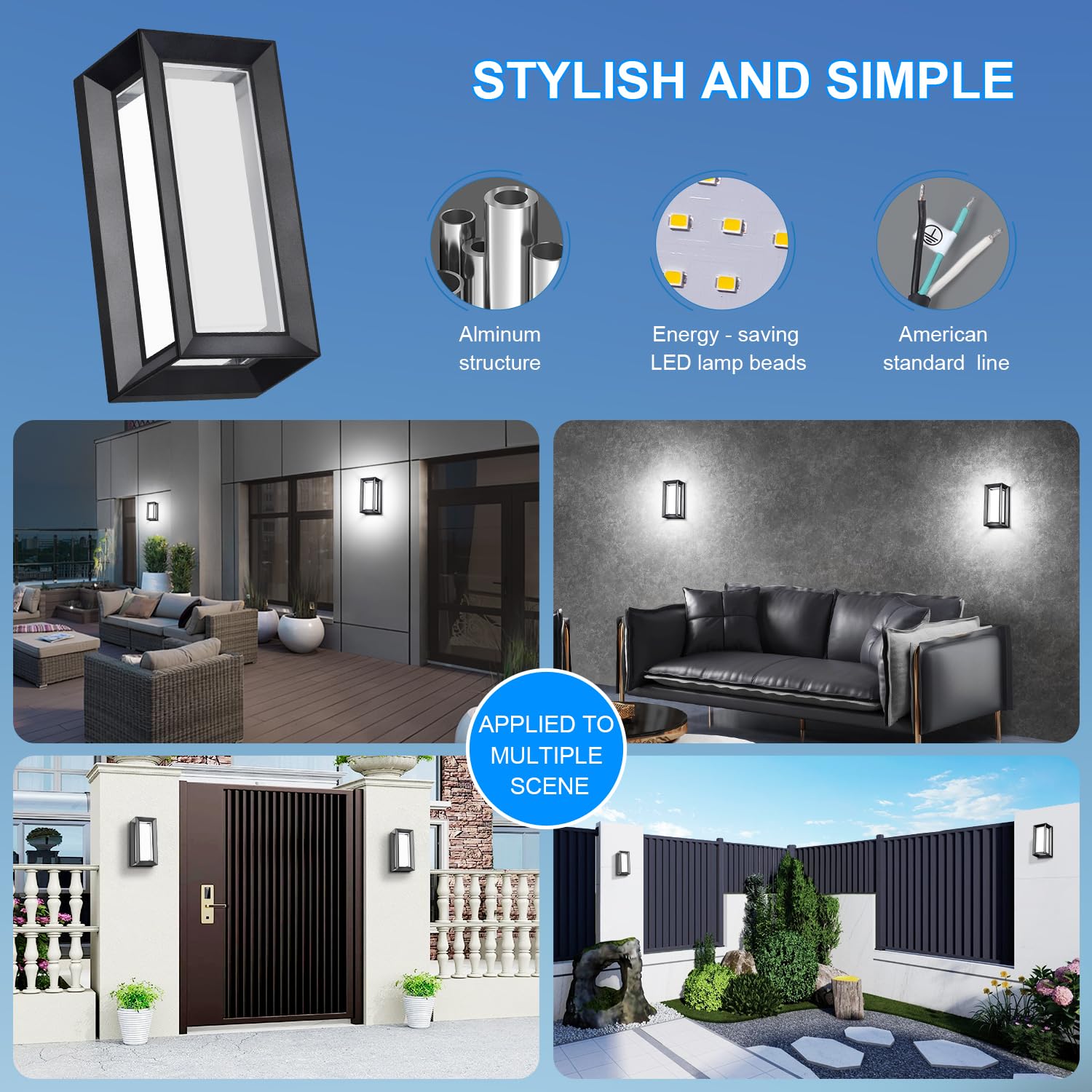 ledmo Outdoor Wall Lights, 6-Pack, 6000K LED Beads, Waterproof Aluminum, Black, Model 1289F, Anti-Rust Christmas Lighting
