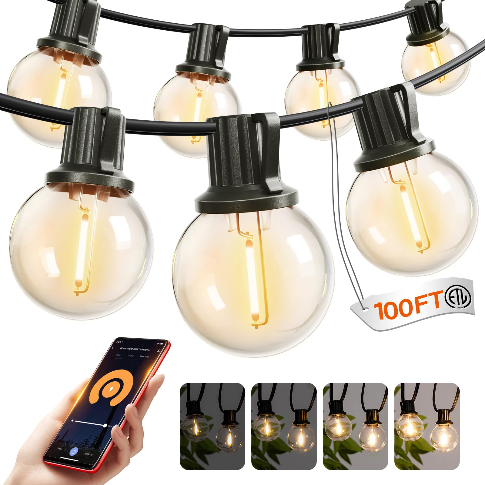 addlon Outdoor String Lights 100FT G40 with APP Control, 54 LED Shatterproof Bulbs, Dimmable Patio Globe Lights Waterproof, Hang