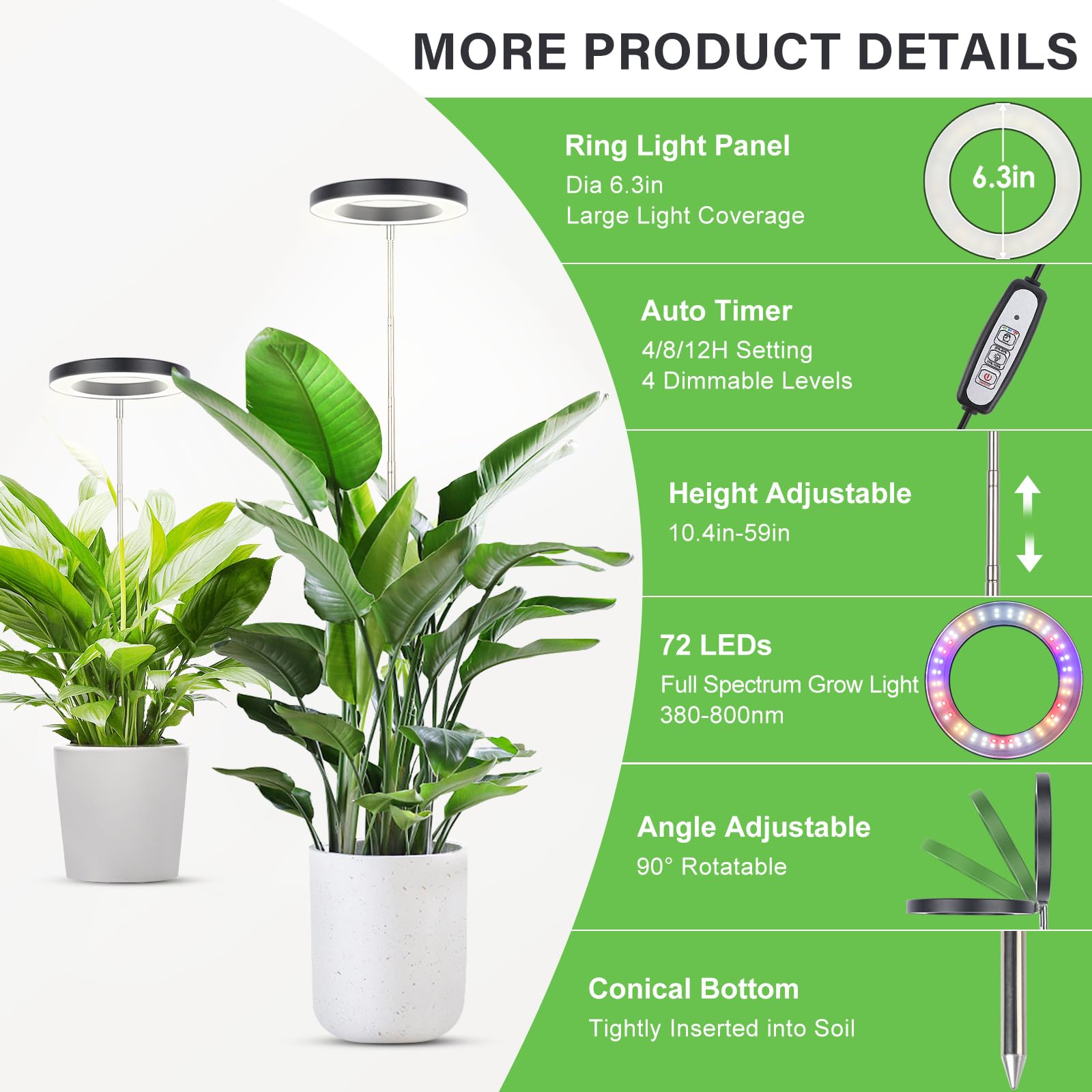 Lbw Plant Grow Light, 72 Leds Full Spectrum Grow Lamp For Indoor Plants, Brightness Adjustable Plant Light With Auto 4/8/12H Timer, 10.4”-59” Height Adjustable, Ideal For Large Tall Plants, Black