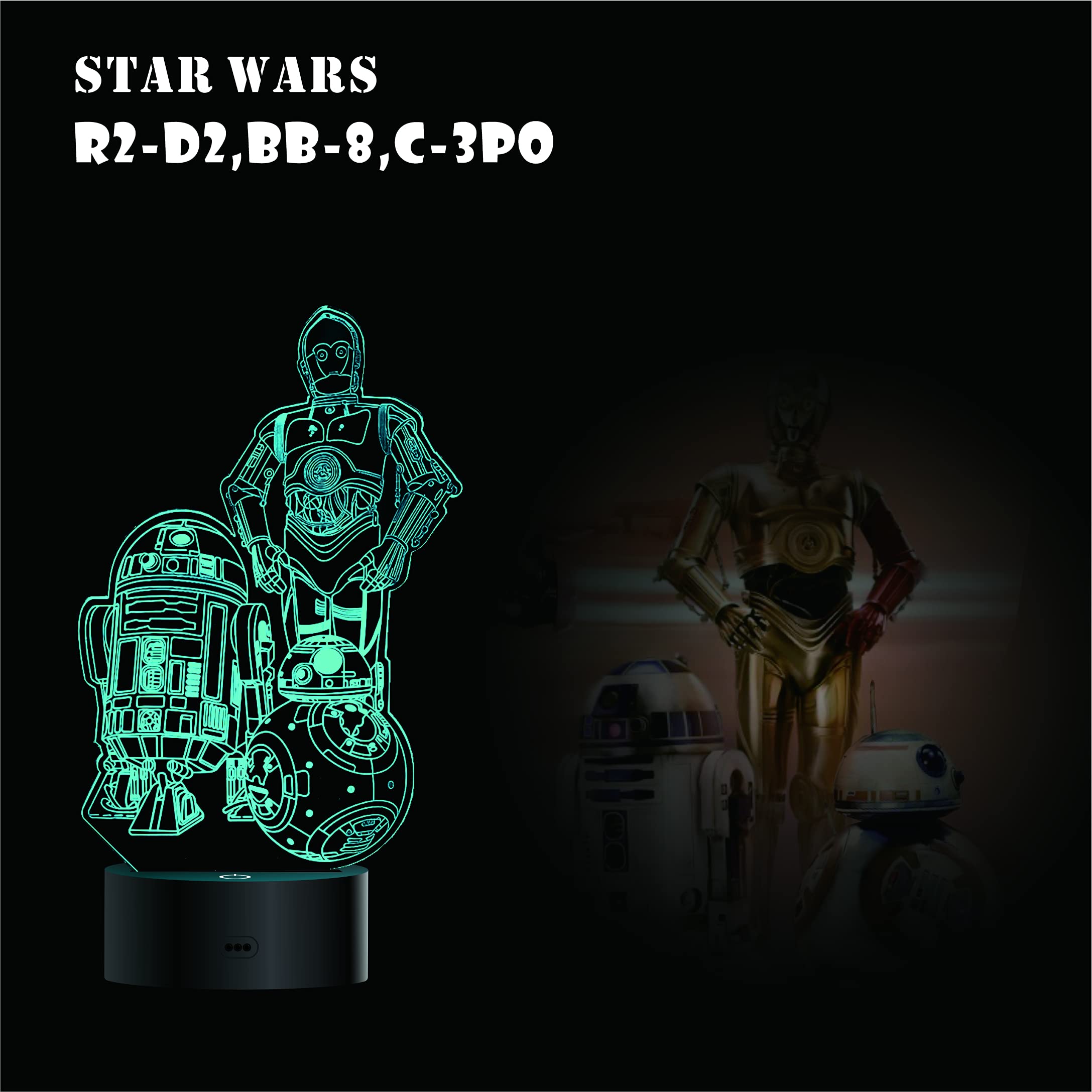MOSSOM 3D Illusion Night Light - LED Lamp with 4 Patterns, Medium Size, Black, Model MOSSOM-4 Pattern, Perfect Gift for Star Wars Fans
