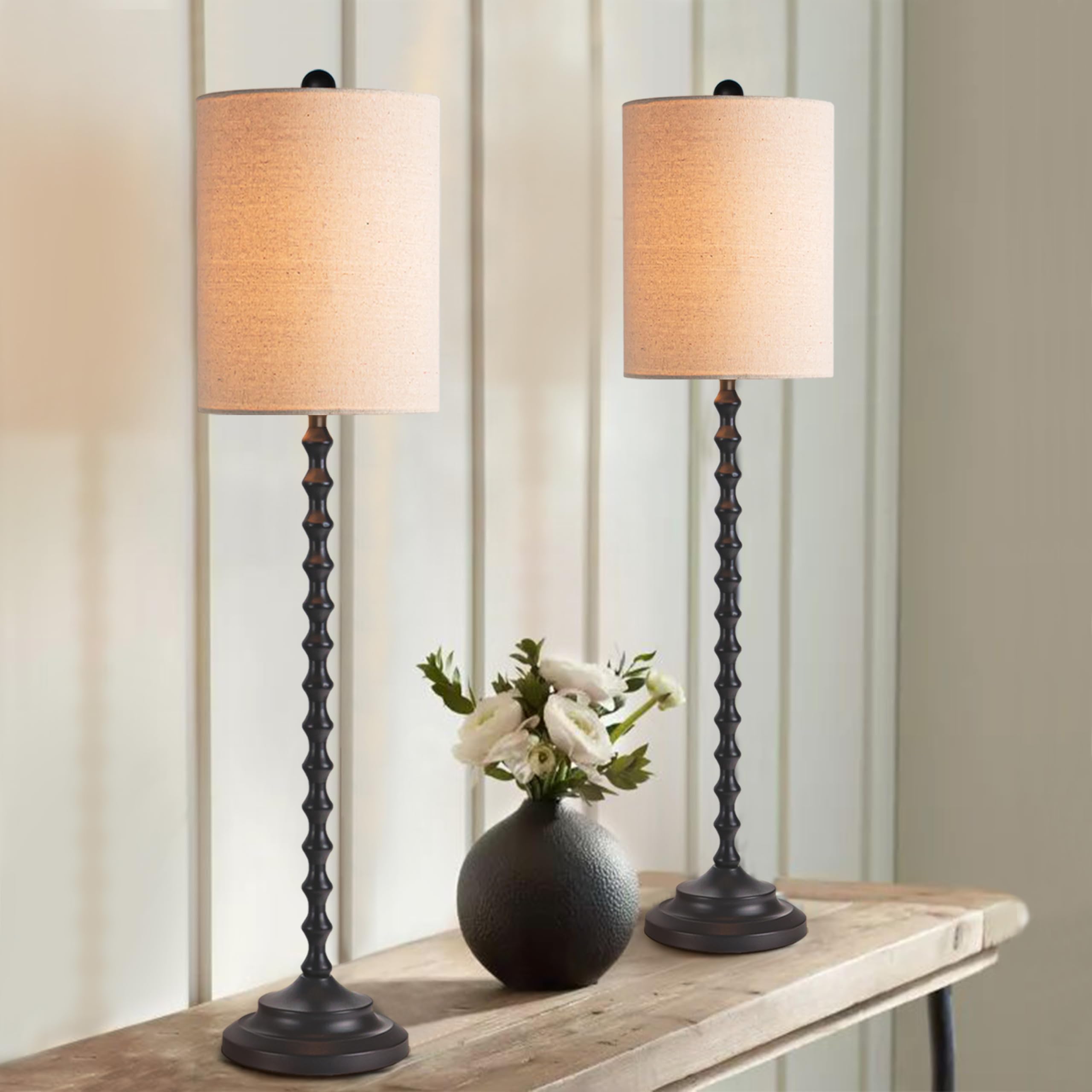 Buffet Table Lamps Set Of 2 With Linen Shade, Black Elegant Tall Table Lamps, 29.5'' Tall Bedroom Lamps For Nightstands, Bedside Lamps For Bedroom Living Room, Buffet Lamps For Dining Room, Entry