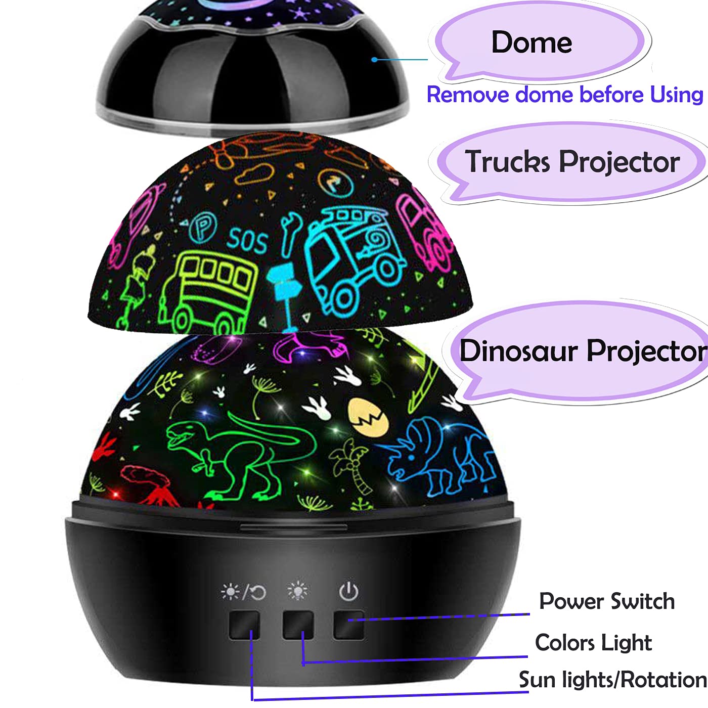 MINGKIDS 2-in-1 Rotating Dino & Vehicles Projector Night Light, Black, Model 012-1652, Perfect Gift for Kids 3-8 Years Old