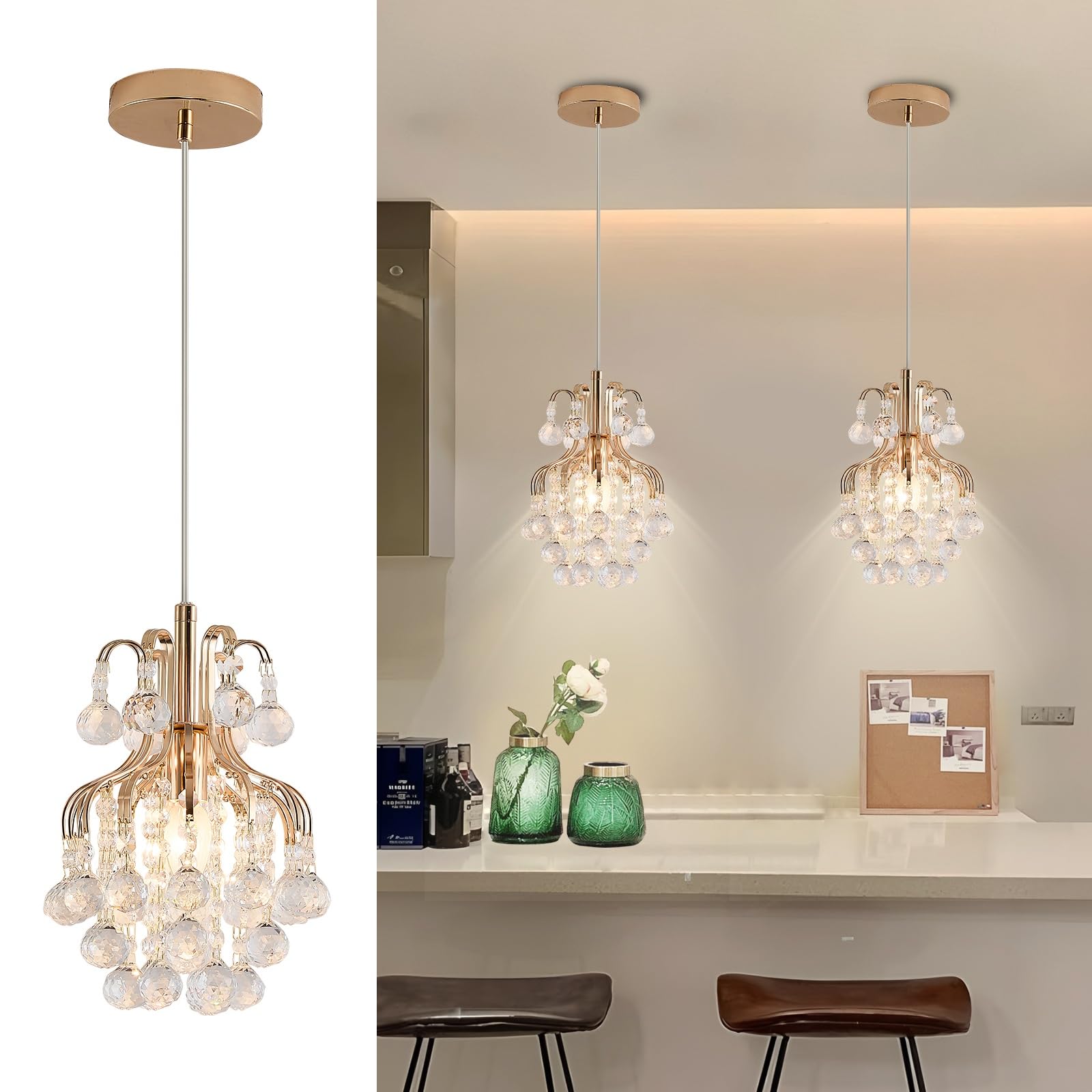 Surpars House Elegant Mini Chandelier Plug In Crystal Pendant Light (Gold Canopy Flush Mount)