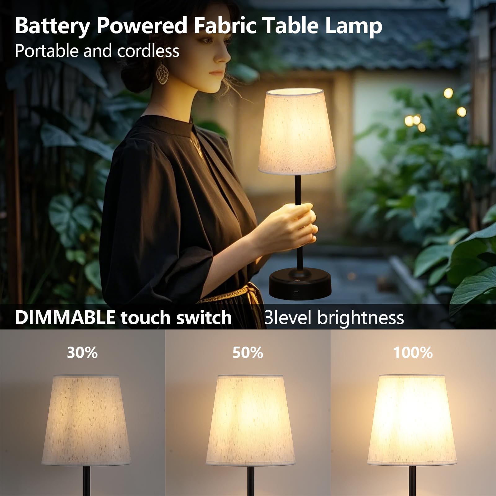 Meixisue Portables Cordless Led Table Lamp With Dimmer,Black Outdoor Desk Lamp10000Mah Wireless Rechargeable Battery Nightstand