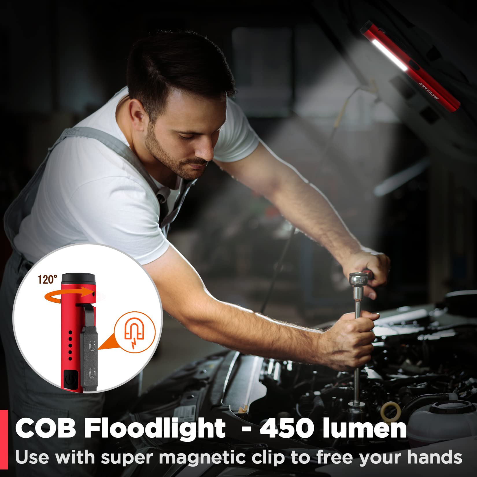 WORKPRO 450 Lumen Rechargeable Pen Light with 365nm UV Black Light, Red Multifunctional Flashlight for Mechanic Emergency & Outdoor Use