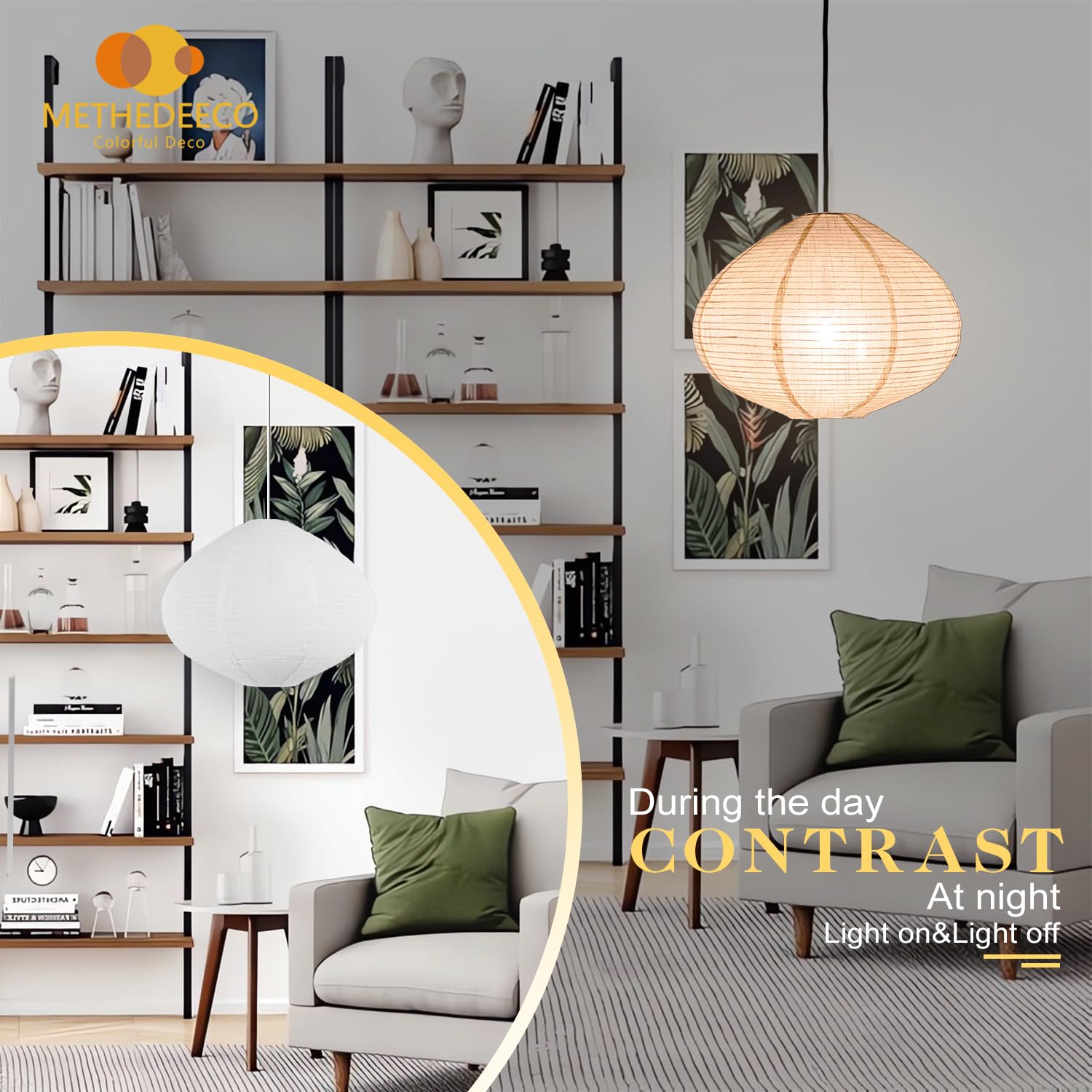 Methedeeco Hanging Fabric Lamp Shade, 16 Beige Linen Pendant Light, Minimalist Design For Bedroom, Living Room, Kitchen