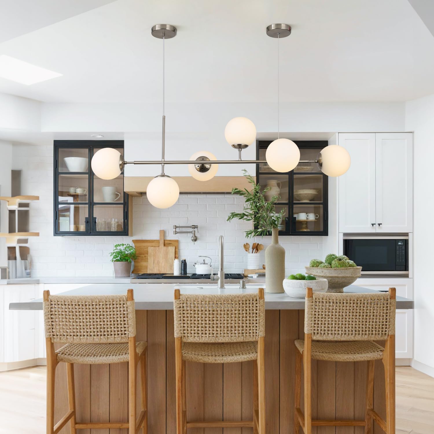 KCO Modern Pendant Light, 6-Light Sputnik Chandelier, Metal, Silver+White, Adjustable for Kitchen Island, Living and Dining Room