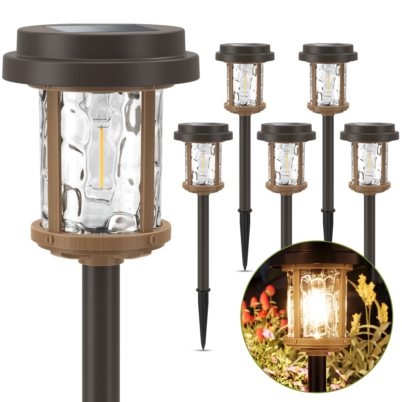 XMCOSY+ Solar Pathway Lights, 6 Pack, 15 LM LED, IP 65 Waterproof, Stainless Steel, Brown & Black, Model HW-6181J