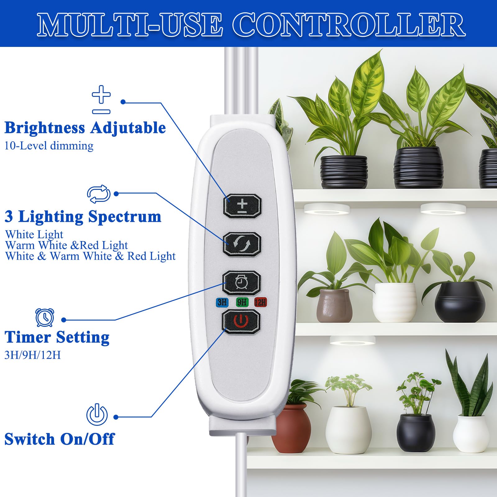 Tujoe 3 Pcs Ceiling Grow Light Self Adhesive Grow Lights For Indoor Plants 144 Led Light With 4/8/12H Auto Switch, 4 Dimmable Brightness Sun Lamp For Plants Full Spectrum Plant Growing Lamps