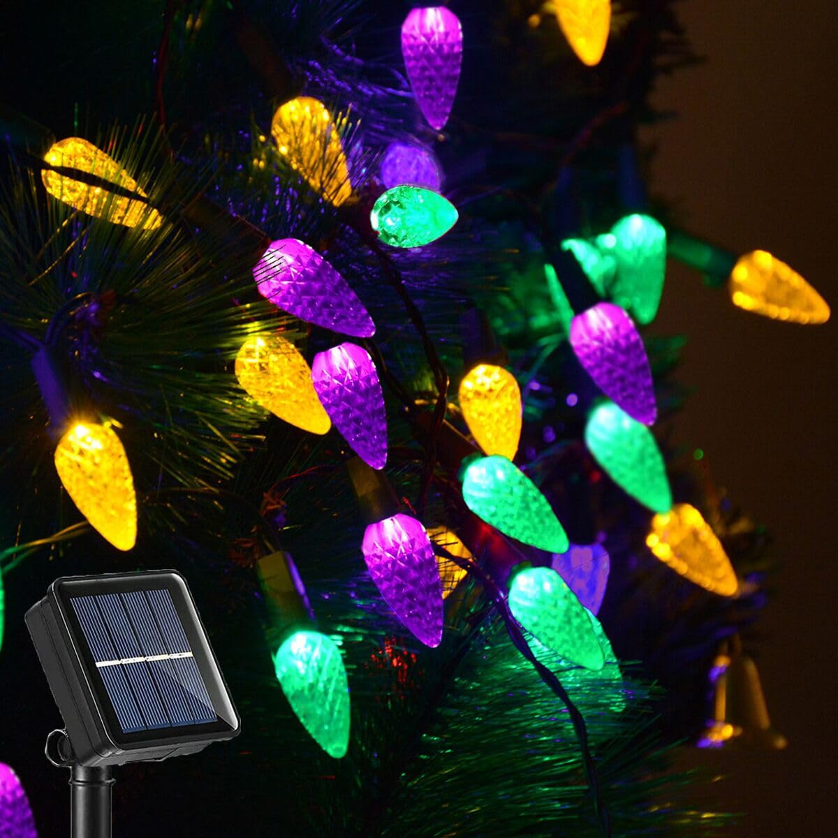 Huacenmy Solar Mardi Gras Lights, 50 LEDs C6, Waterproof Outdoor Decor, Yellow Green Purple