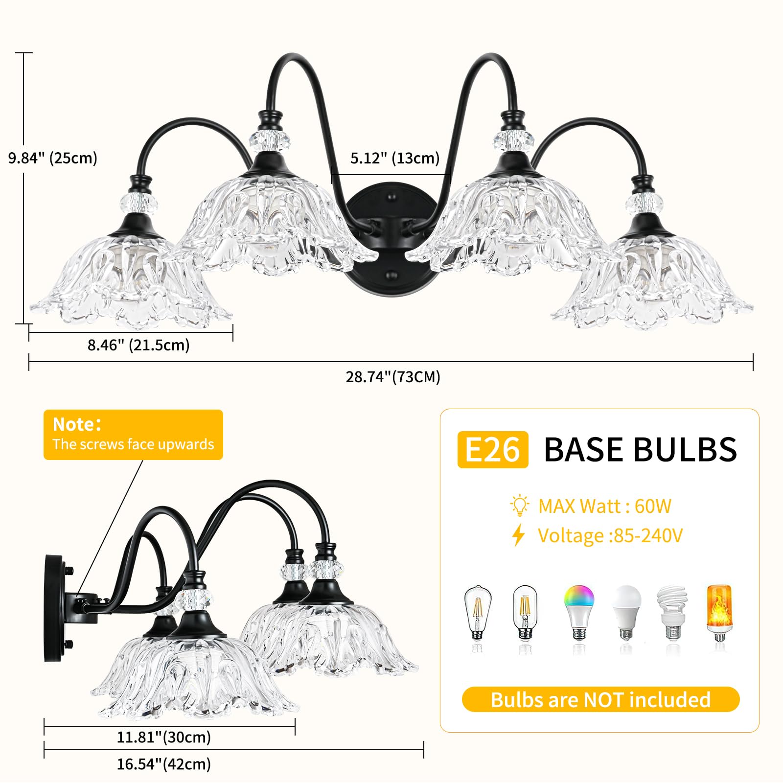 Sunkryster 4-Light Bathroom Vanity Light, Matte Black, Floral Clear Glass Shades, Model Sun-104AB-Black-4