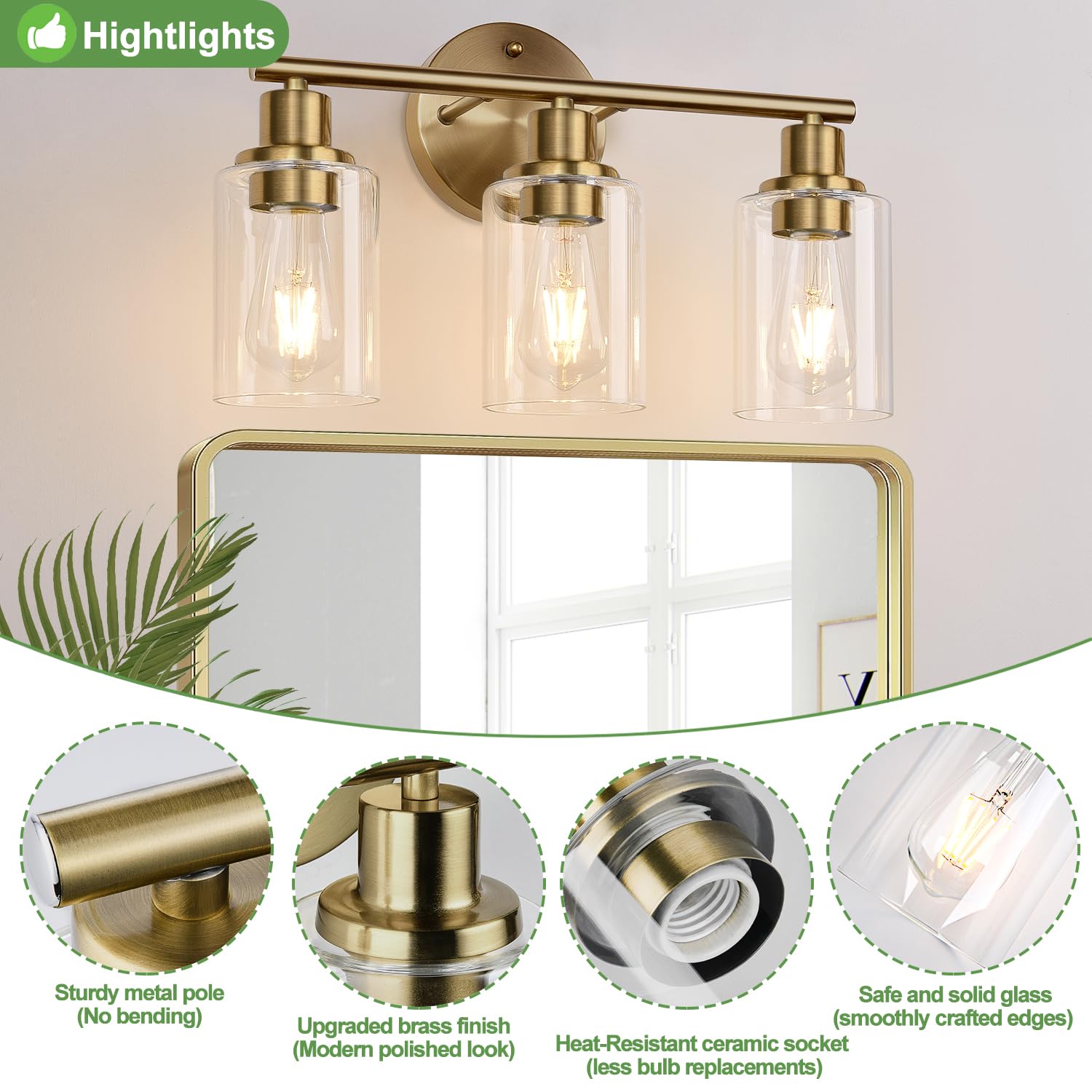 3-Light Bathroom Light Fixtures, Brushed Brass Bathroom Wall Lights With Clear Glass Shade, Modern Bathroom Wall Lamp For Mirror