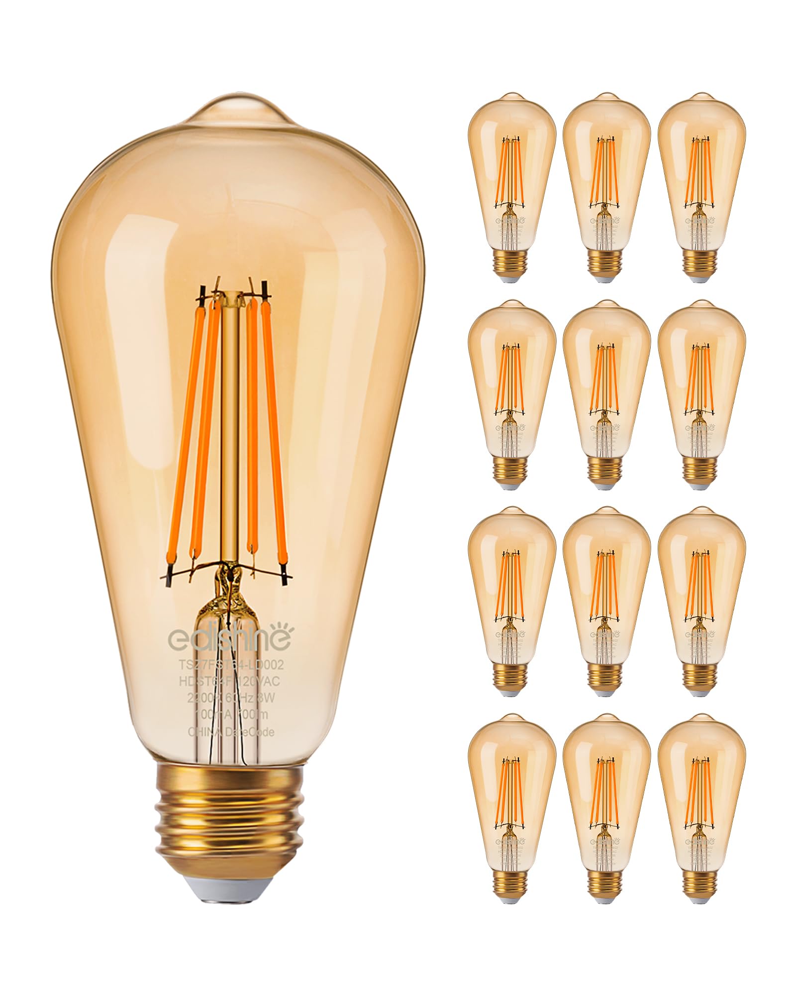 Edishine 12 Pack Vintage Led Edison Bulbs 8W Equivalent 60W, St64 Dimmable Led Light Bulbs, 700Lm 2200K Amber Warm Light E26, De