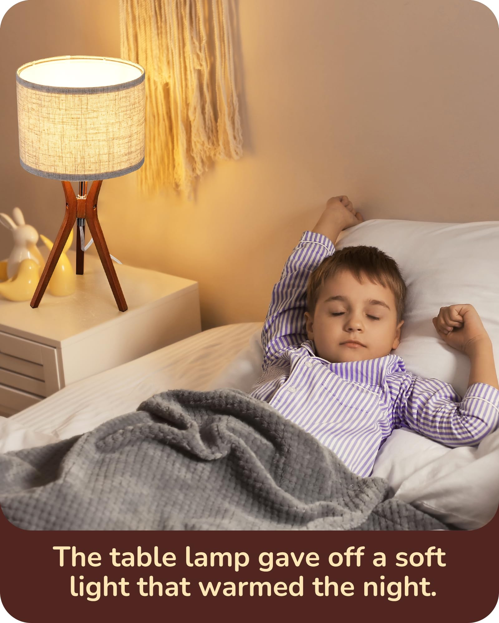 Edishine Mid Century Tripod Table Lamp - Dark Wood Base & Beige Linen Shade, 17.5&quot; Nightstand Lamp