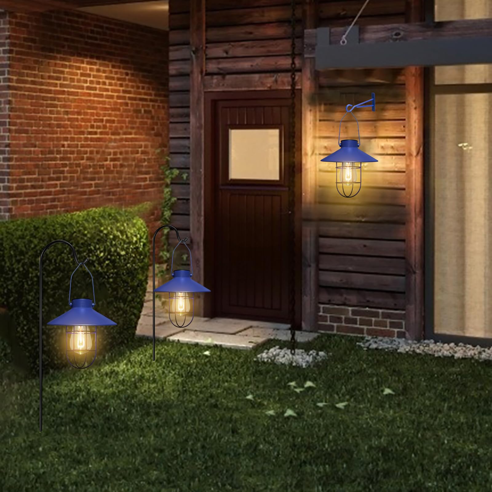 pearlstar Solar Lantern Outdoor Hanging Light - Metal, Warm White Edison Bulb, Blue, Model HIA049-Blue for Garden, Yard, Patio Decor