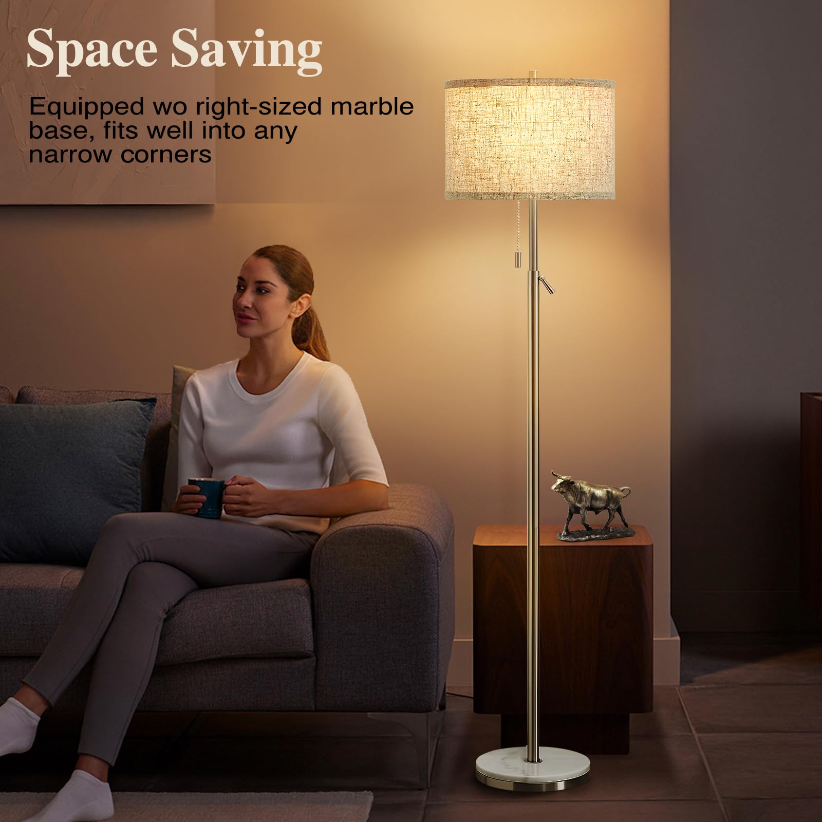 GyroVu Marble Floor Lamp, Adjustable Height, Silver, Pull Chain Switch, Tall Standing Lamp for Living Room, Bedroom & Office
