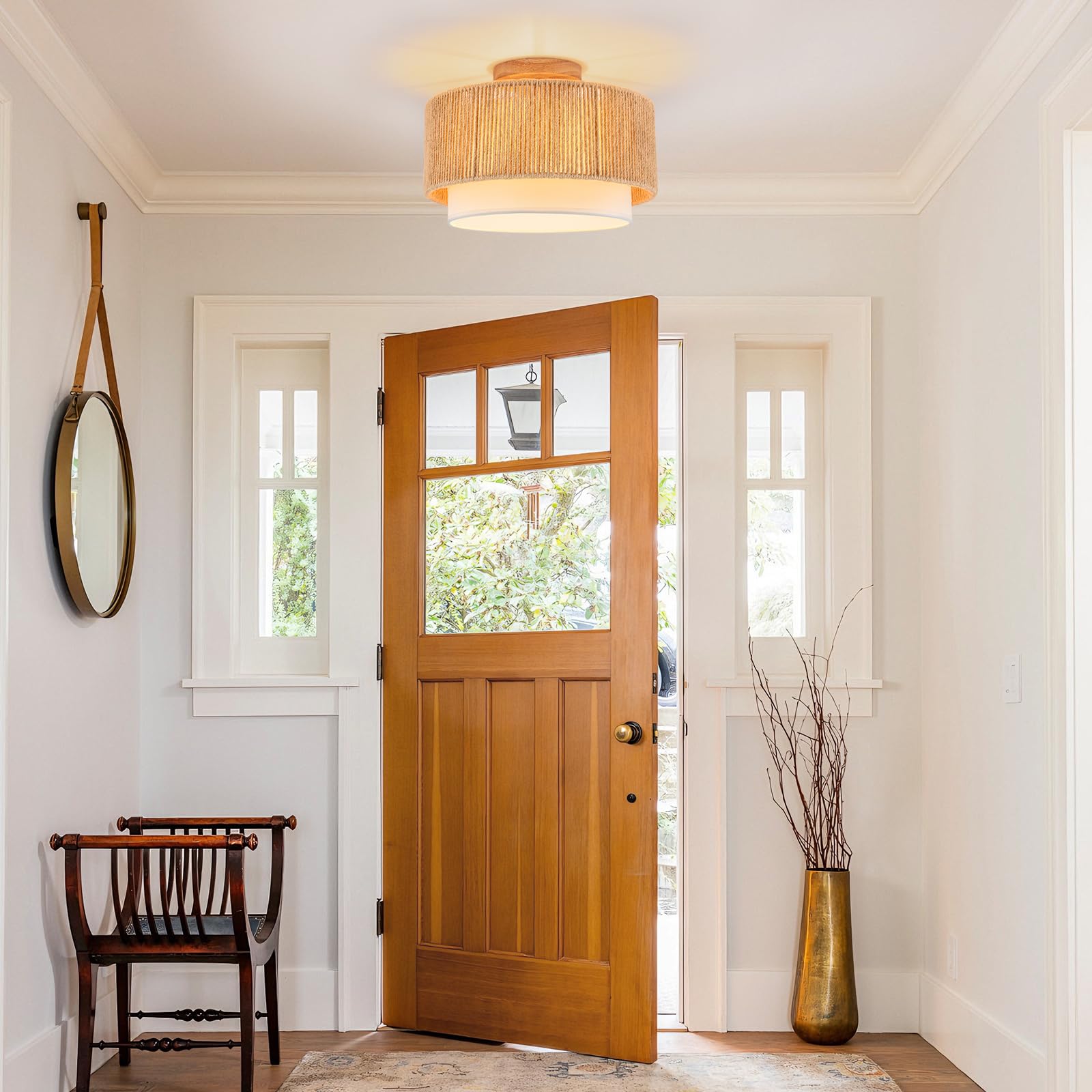 Sinerise 12'' Rattan Flush Mount Ceiling Light Fixture,2-Tier Drum Hand-Woven Boho Flush Mount Ceiling Light,Farmhouse Light Fix