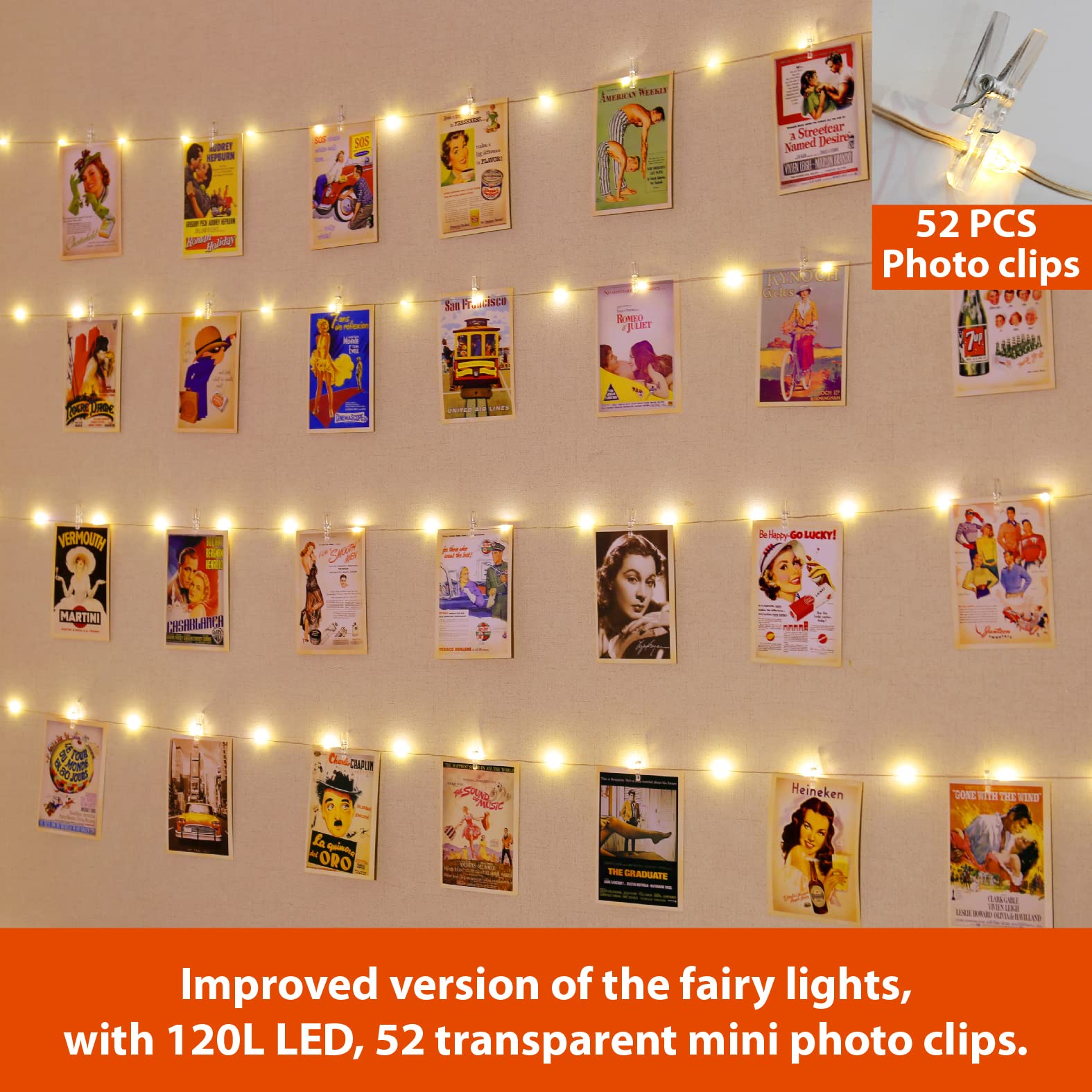 HXWEIYE 120LEDs Photo Clips String Light, Warm White 40Ft Fairy Light with 52 Clear Clips & 12 Hooks on Wall, Timer & 8 Modes US