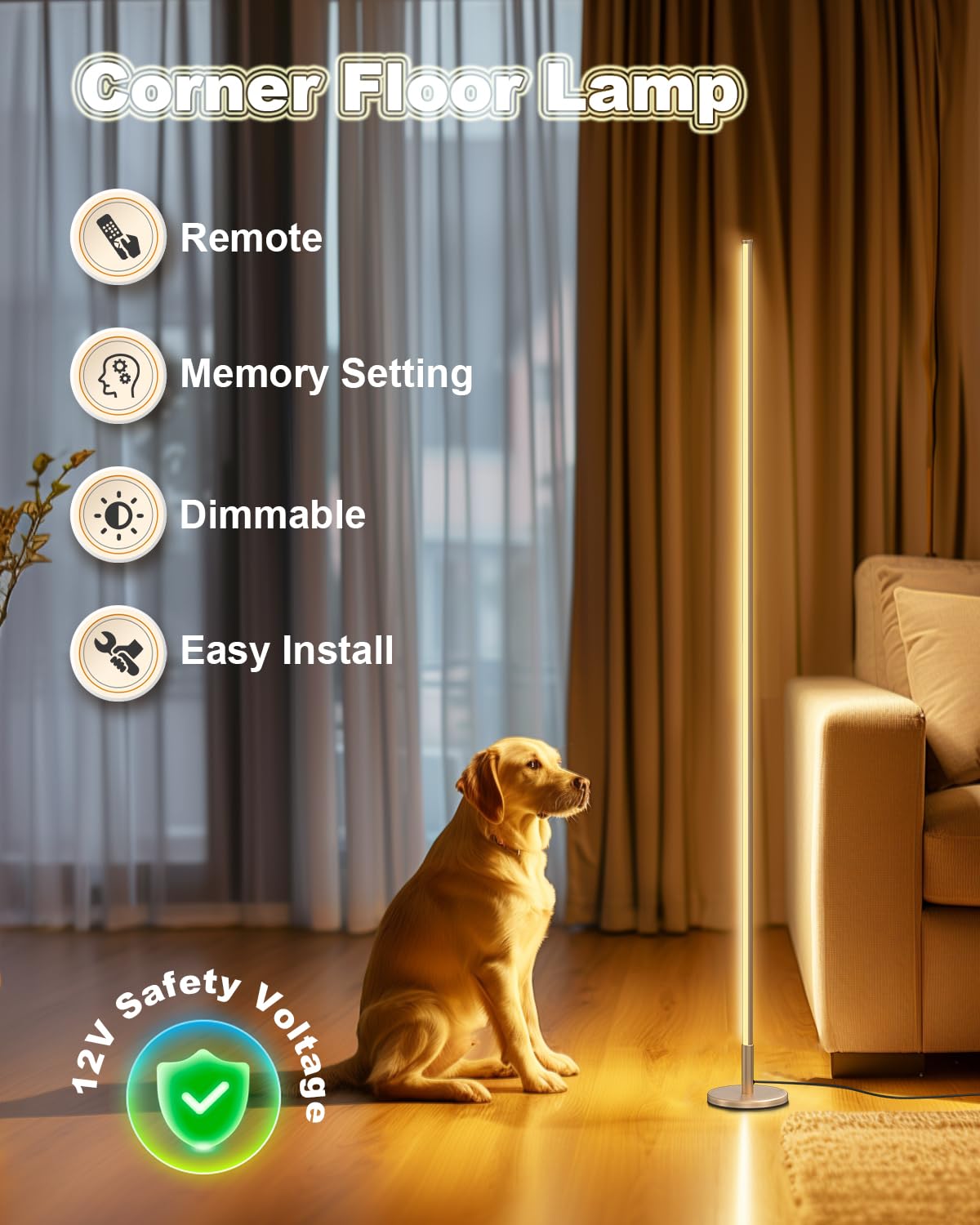 TACAHE Minimalist Corner Floor Lamp - 57" Dimmable LED Mood Light, Gold, Aluminum, Model TCH-CFL02