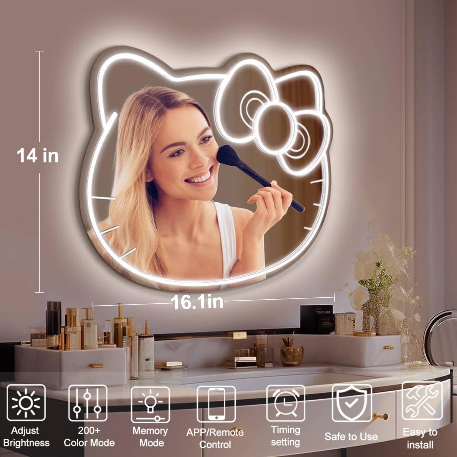 UIWEBABA Dimmable Vanity Mirror with Lights, Acrylic, Remote & App Control, White, Model UIWEBABA511