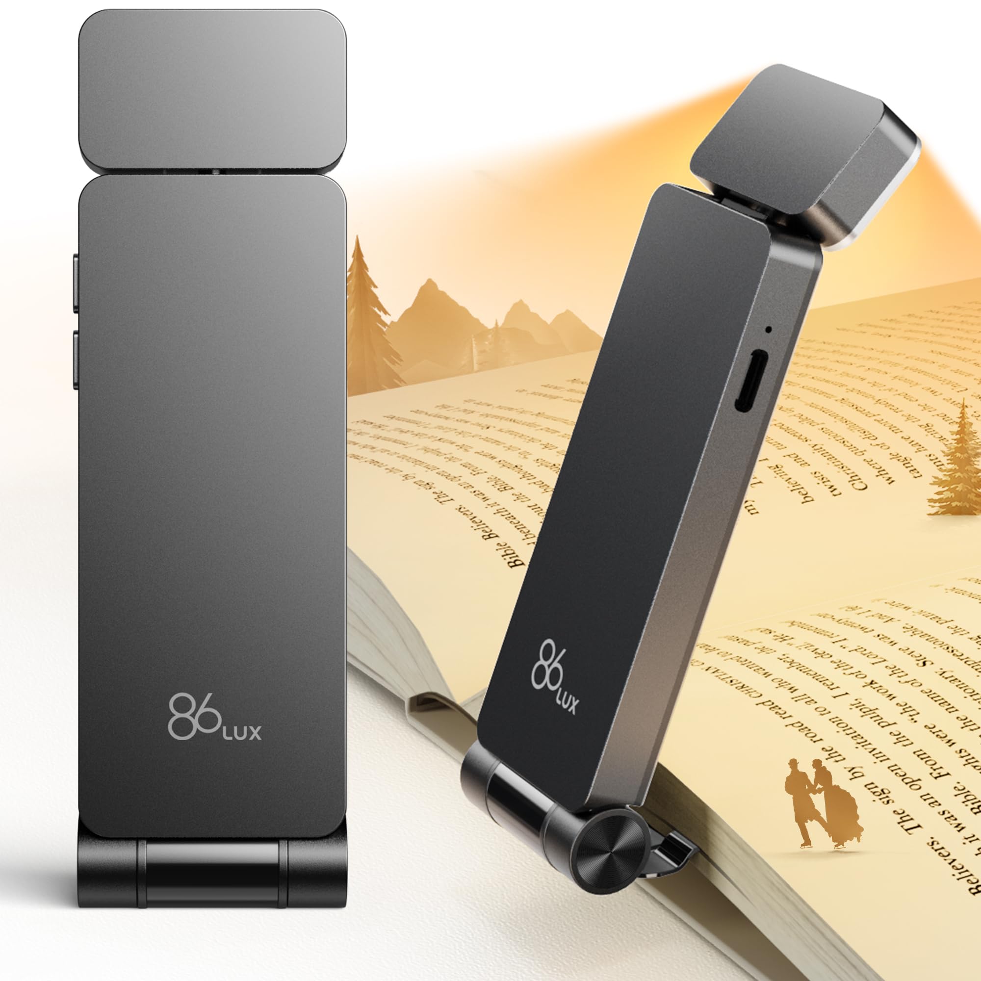 86lux Rechargeable Book Light, Clip-on LED Lamp, 3 Amber Colors, Stepless Dimming, Ashen