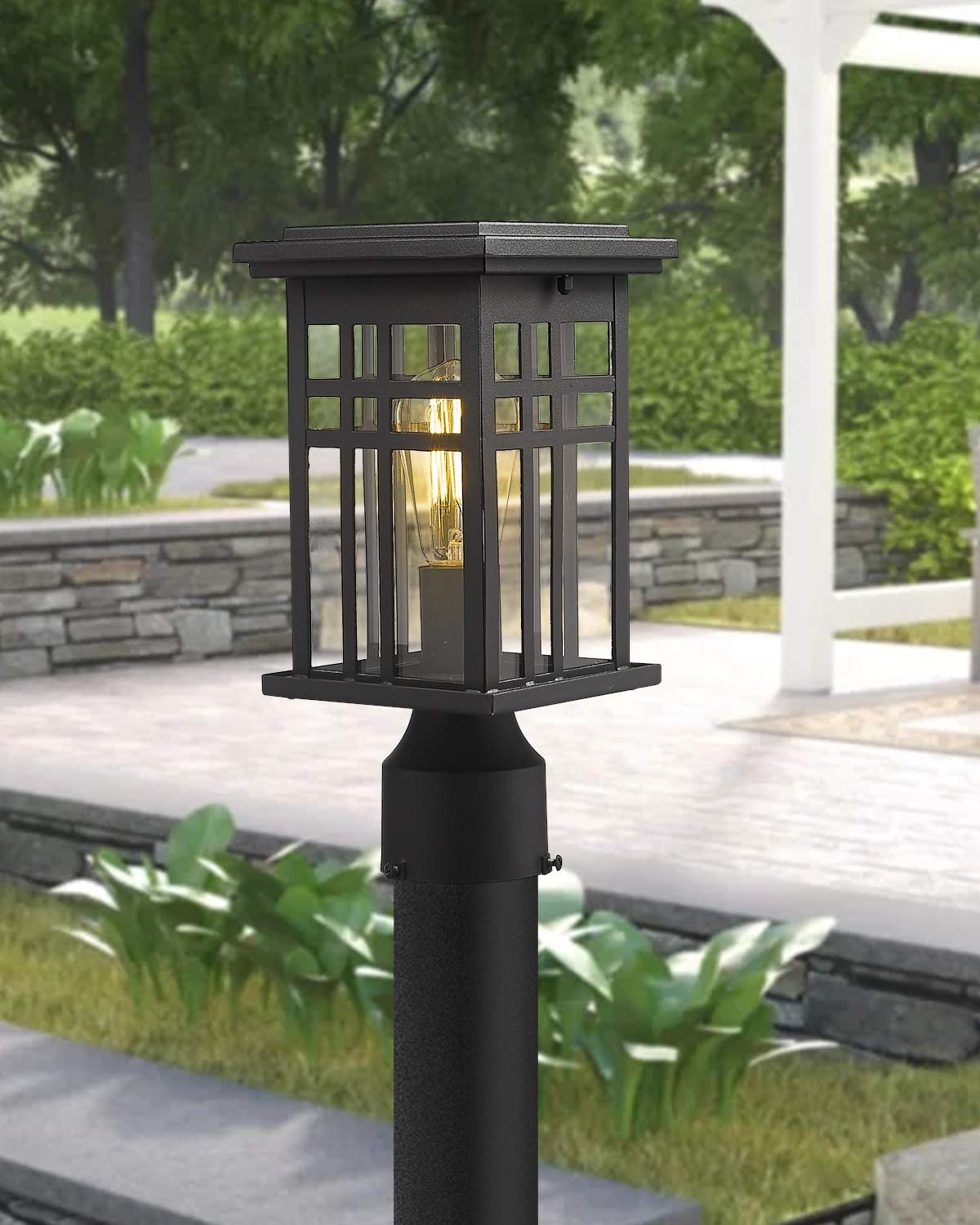 zeyu Outdoor Pole Lantern Light Fixture, Clear Glass Shade, Black Finish, Model 20068-P BK, Medium Size