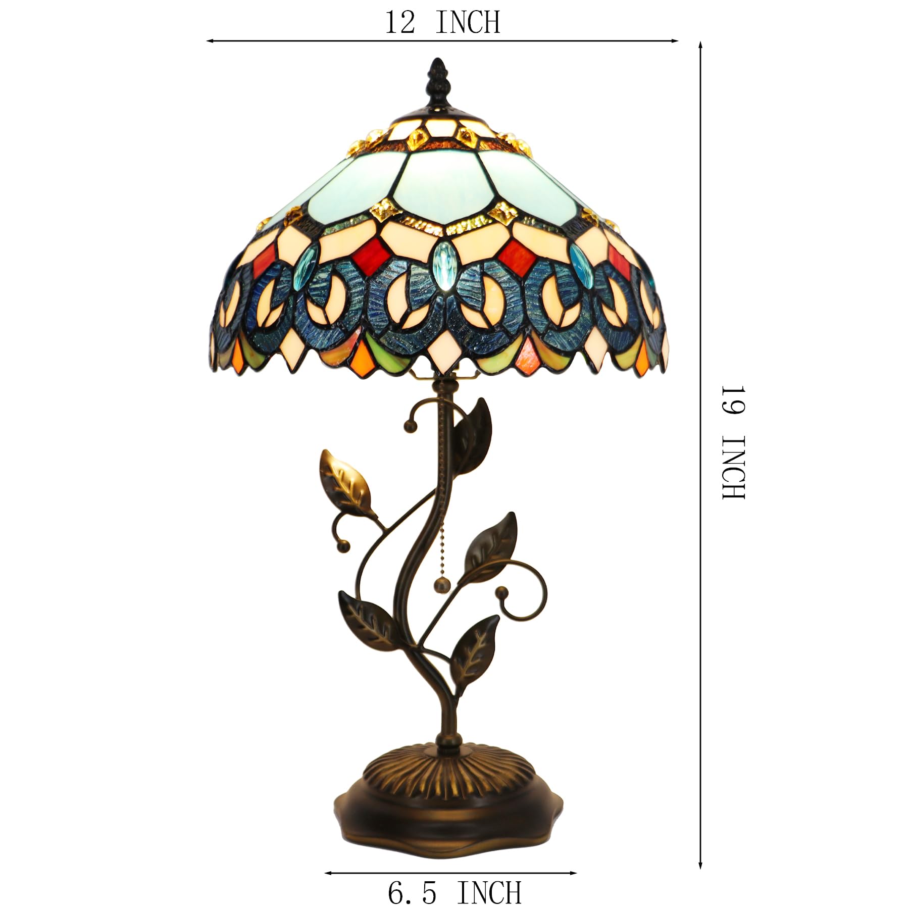 Lxhcyou Tiffany Table Lamp, Stained Glass Desk Light, W12H19 Inch, Metal Leaf Base (Baroque Style)