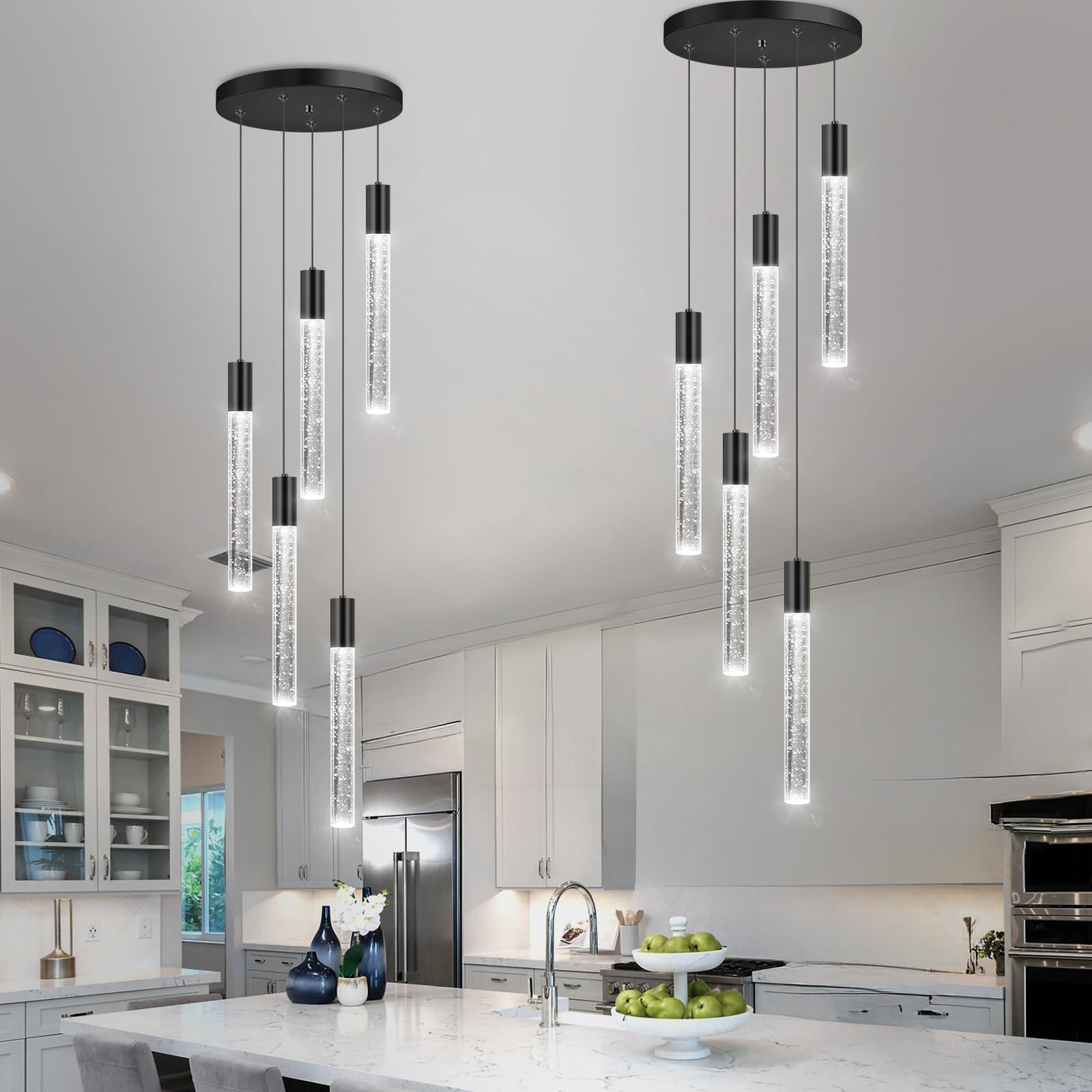 HAIXIANG 5-Lights Chandelier, Modern Crystal Pendant Lighting, Remote Dimmable, Matte Black, Model MMQ3810