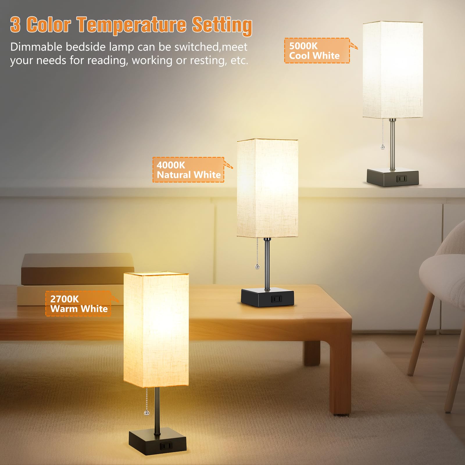 PLMMY Table Lamp Set of 2, 14 Inch Metal Bedside Lamps with Flaxen Shade, 3 Color Temperatures, Pull Chain, AC Outlet
