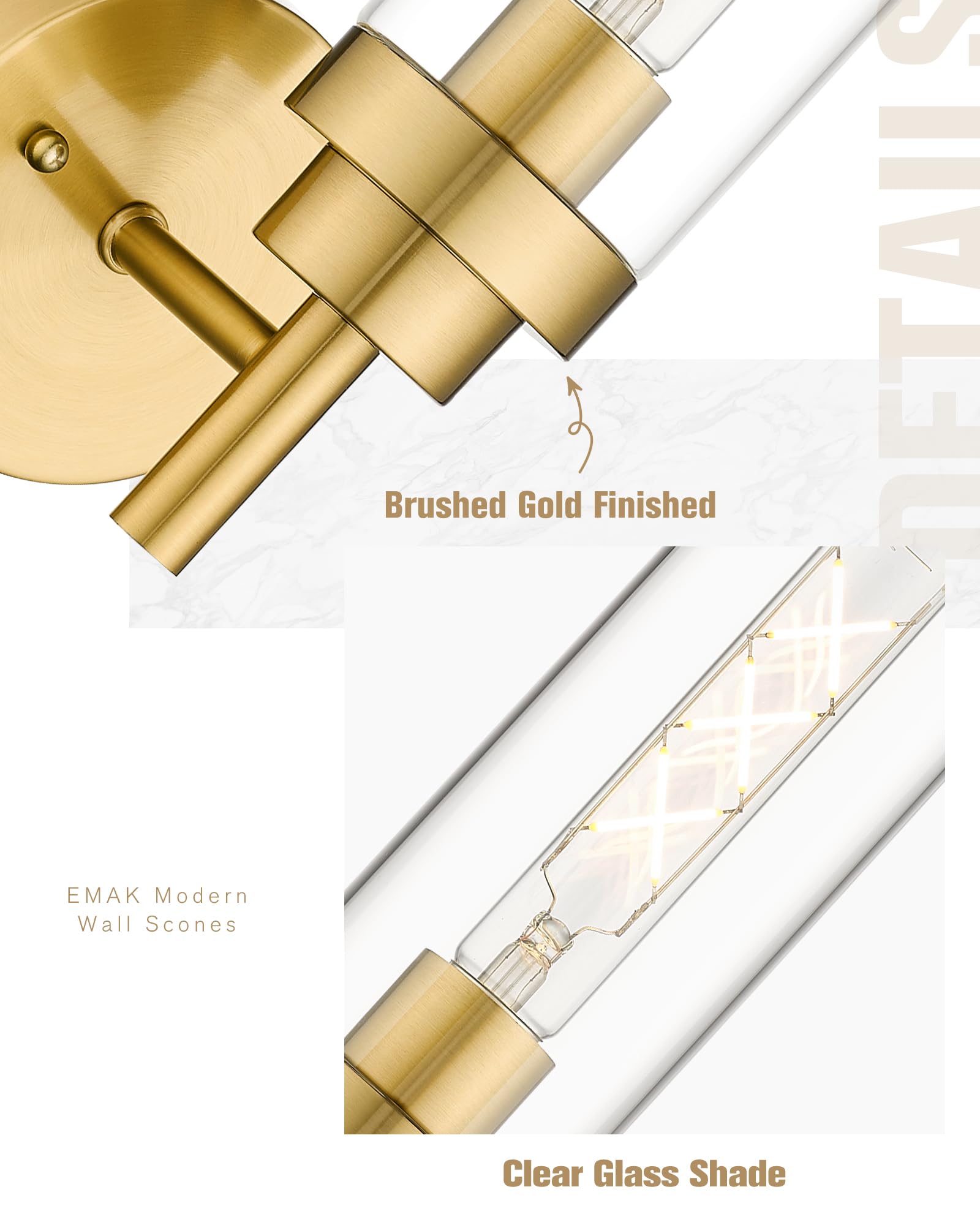 Emak Brushed Gold Sconce, Bathroom Vanity Light With Clear Glass Shade, Modern Wall Light Fixtures For Bathroom, Mirror, Hallway