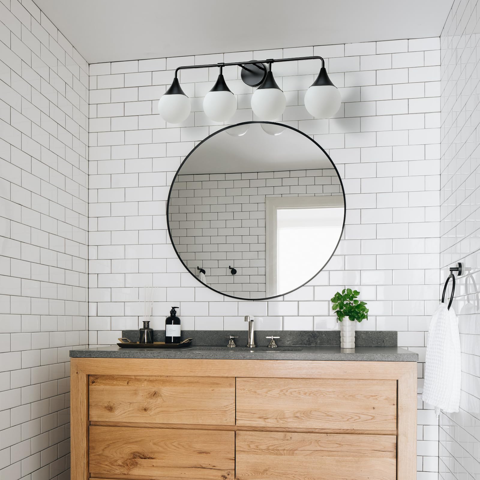 Hahzt Bathroom Vanity Light Fixtures: 4-Light Mid Century Modern Bathroom Lighting Fixtures Over Mirrors - Matte Black Wall Sconce With Milky Glass Ball Shade For Bath Bedroom